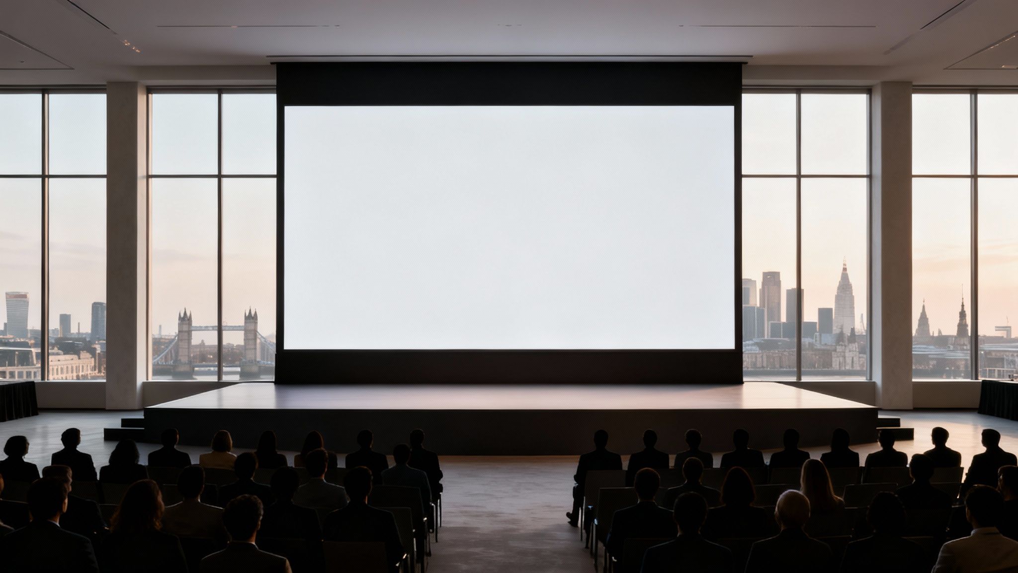Audience watches a large projection screen on a stage in a modern conference room overlooking London.