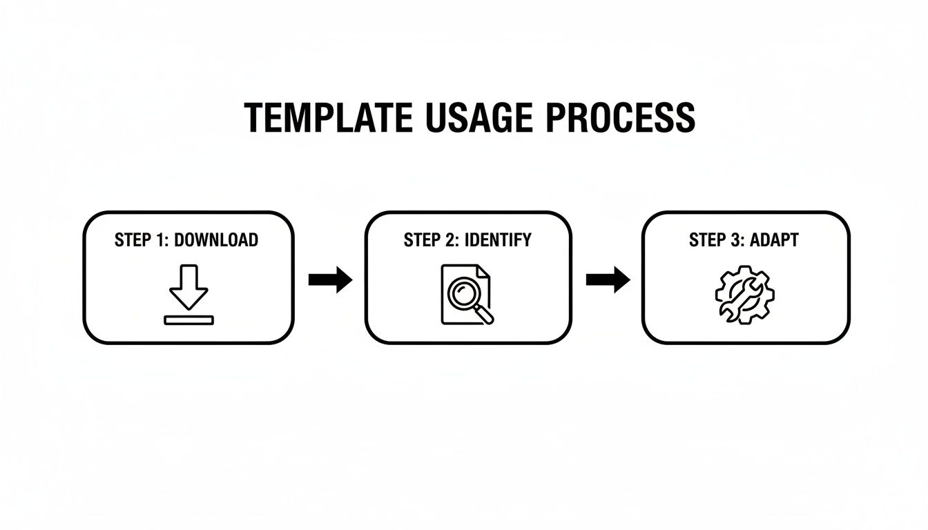 Infographic illustrating a template usage process with three steps: download, identify, and adapt, with icons.