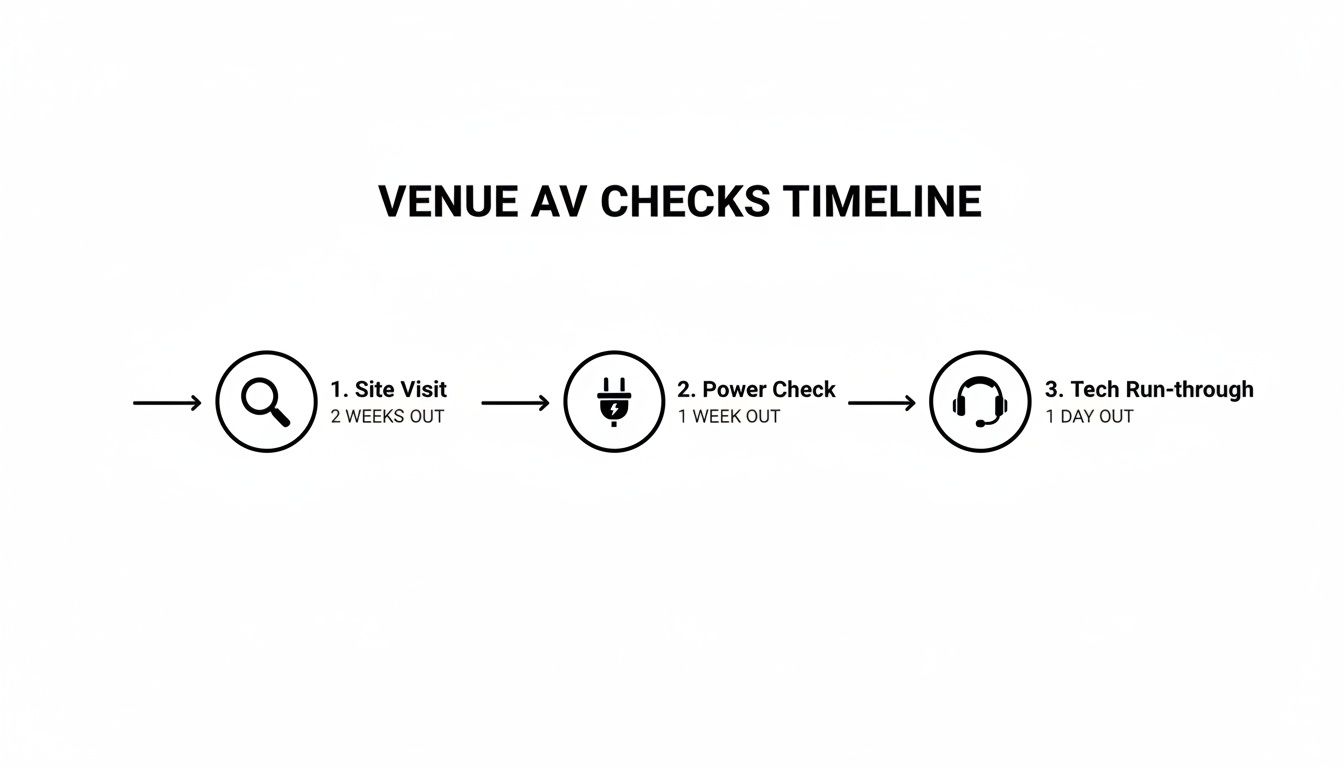 A timeline outlining venue audio-visual checks: site visit, power check, and tech run-through.