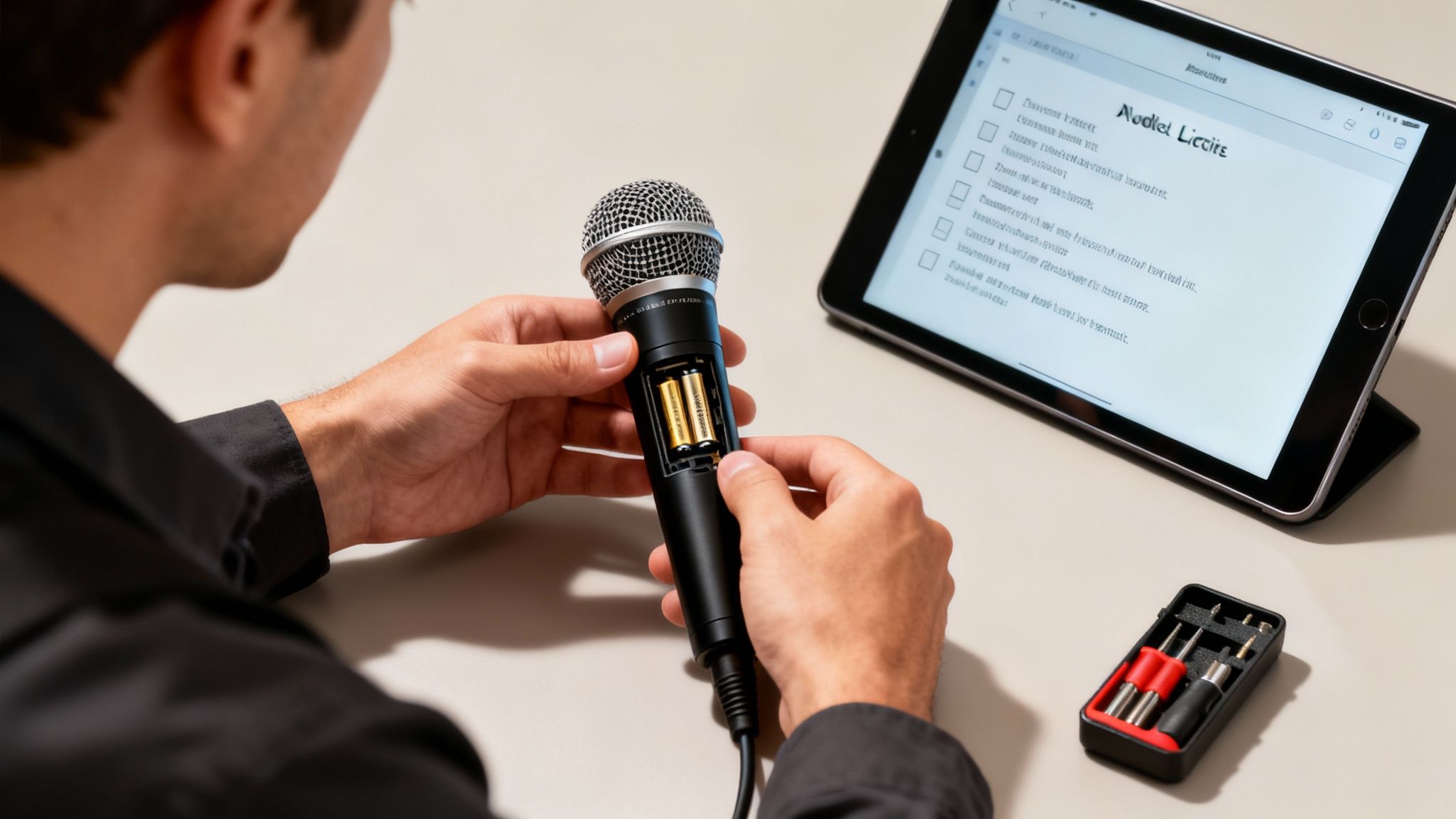 A person replaces batteries in a black wireless microphone, with a tablet and tool kit on the table.
