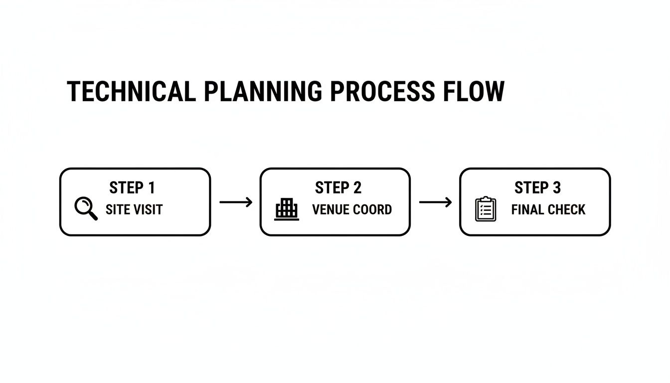 A technical planning process flow diagram showing three steps: Site Visit, Venue Coord, and Final Check.
