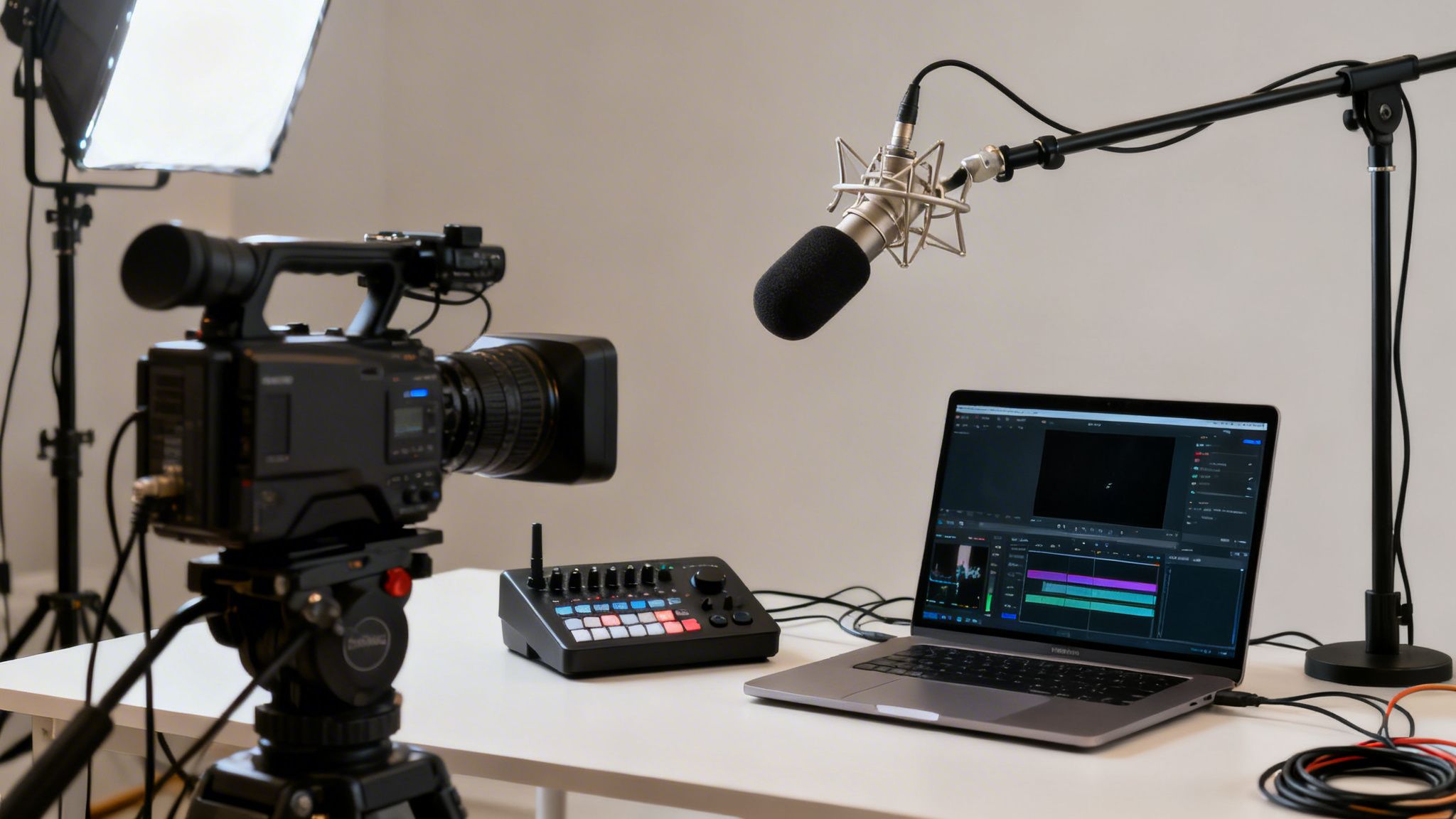 Live streaming studio setup with professional camera, microphone, laptop, and audio mixer on a white table.