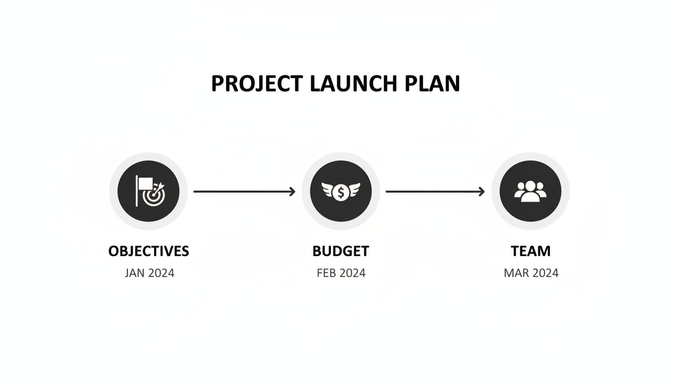 A visual project launch plan timeline detailing objectives, budget, and team phases from January to March 2024.