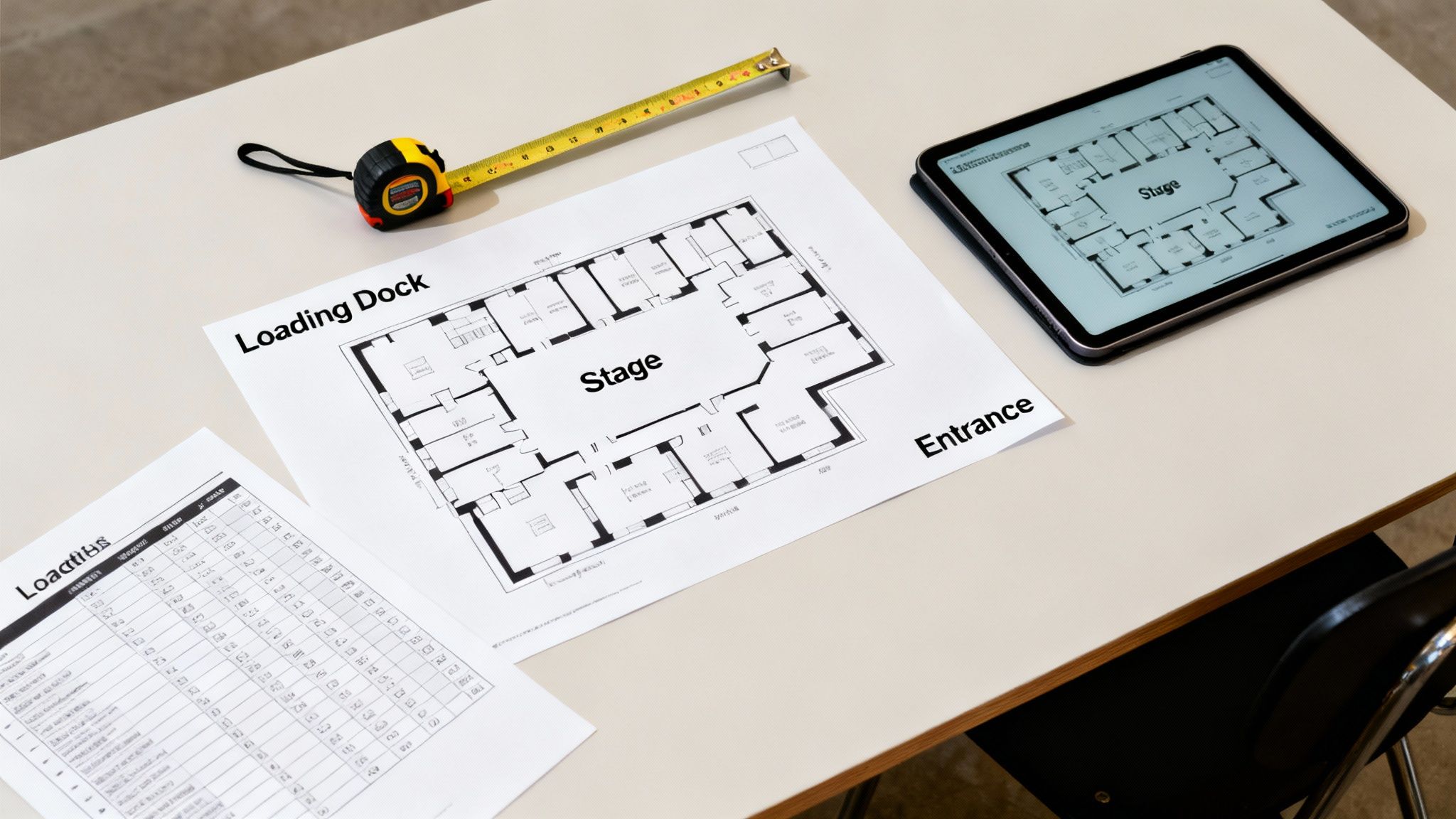 A desk with a printed floor plan, a tablet displaying the same plan, a measuring tape, and a checklist.