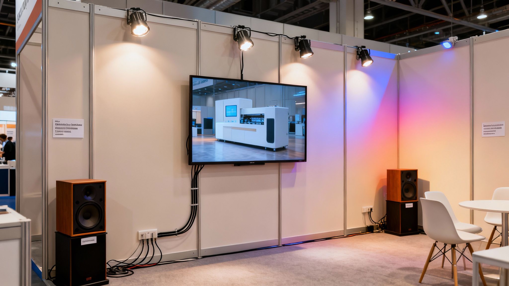 A modern trade show booth with a large TV screen, speakers, tables, and chairs.