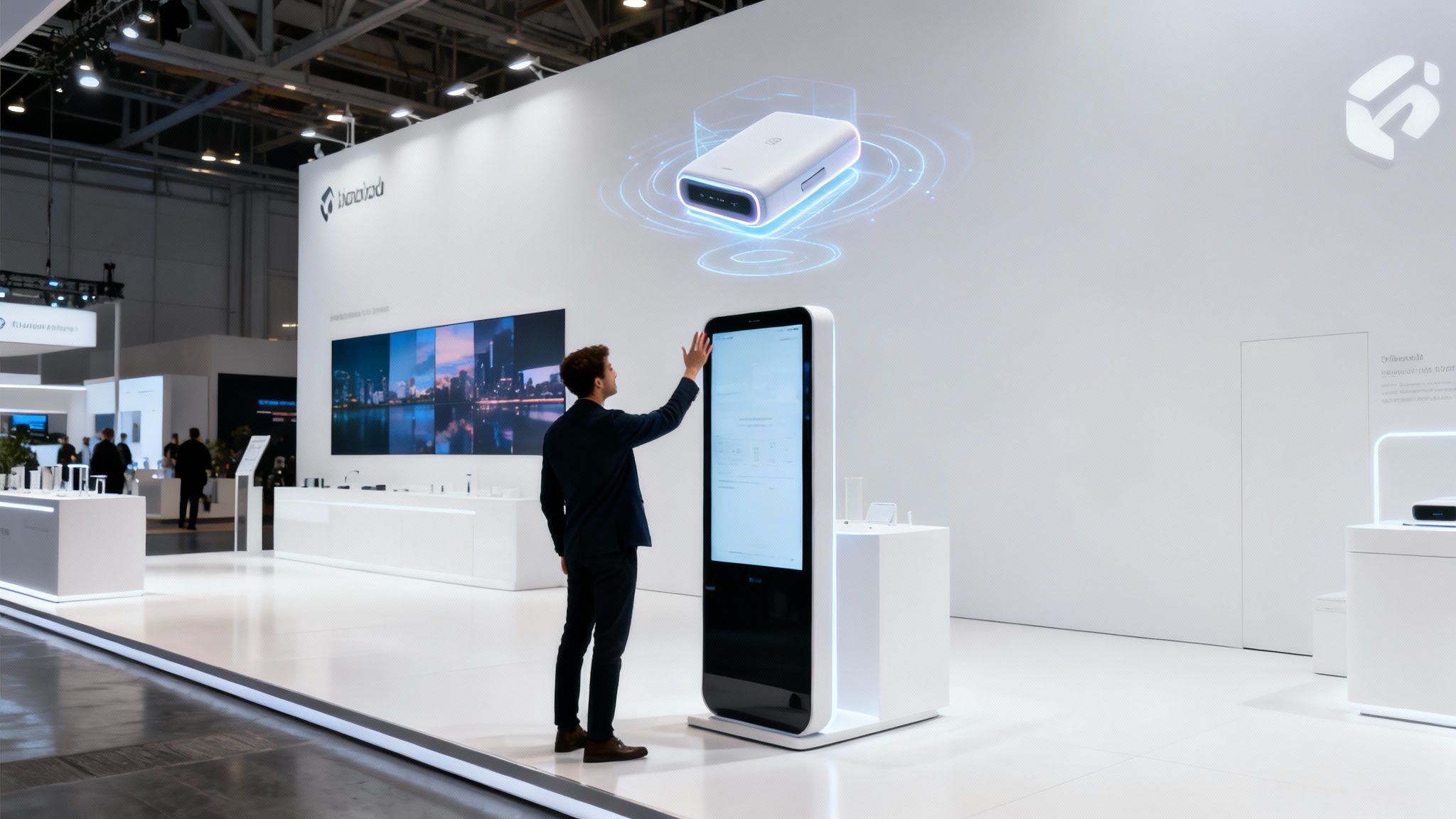 Man interacts with a large touchscreen at a modern corporate event booth displaying a holographic device.