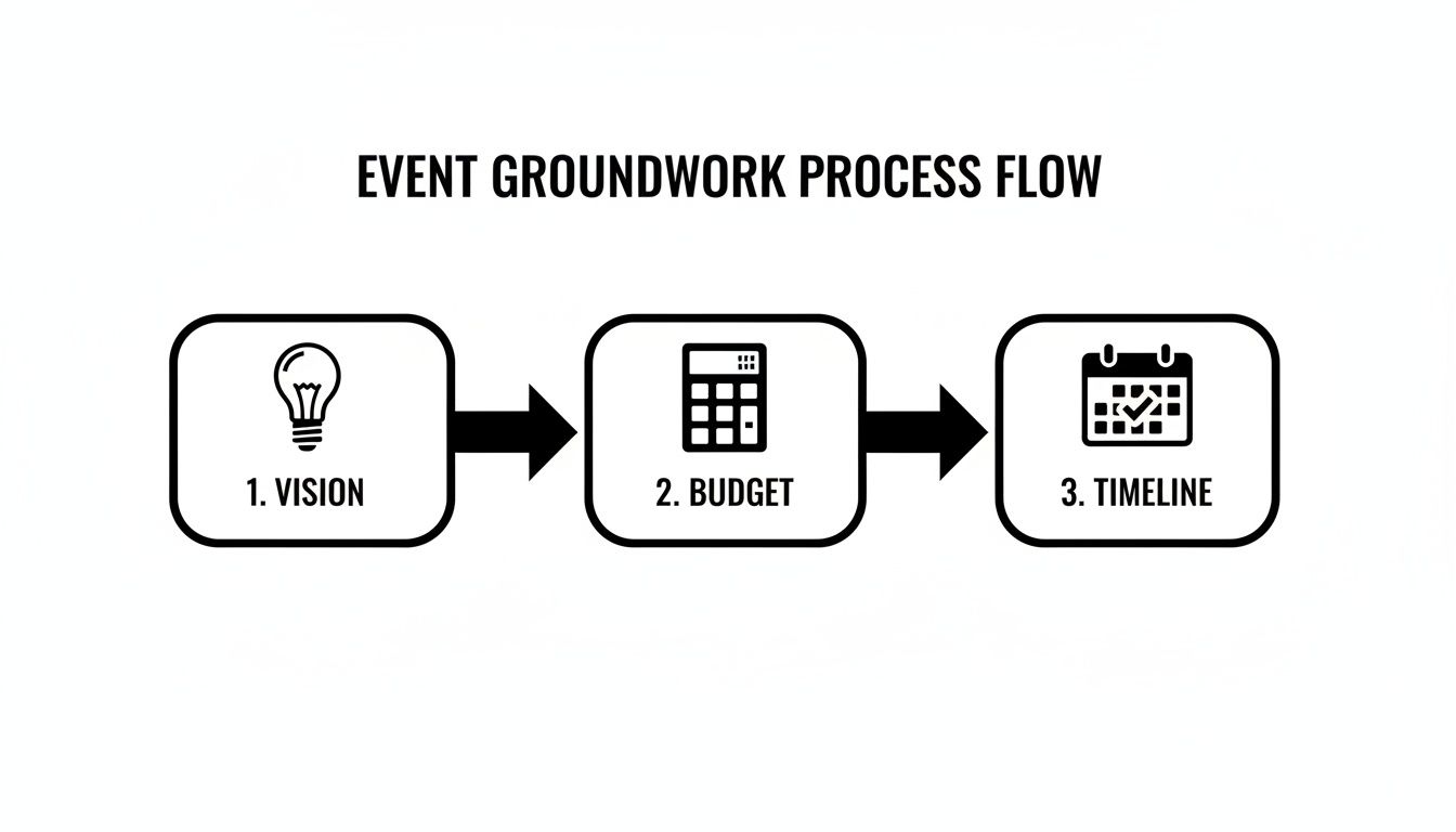 Event planning groundwork process flow with steps: 1. Vision, 2. Budget, 3. Timeline.