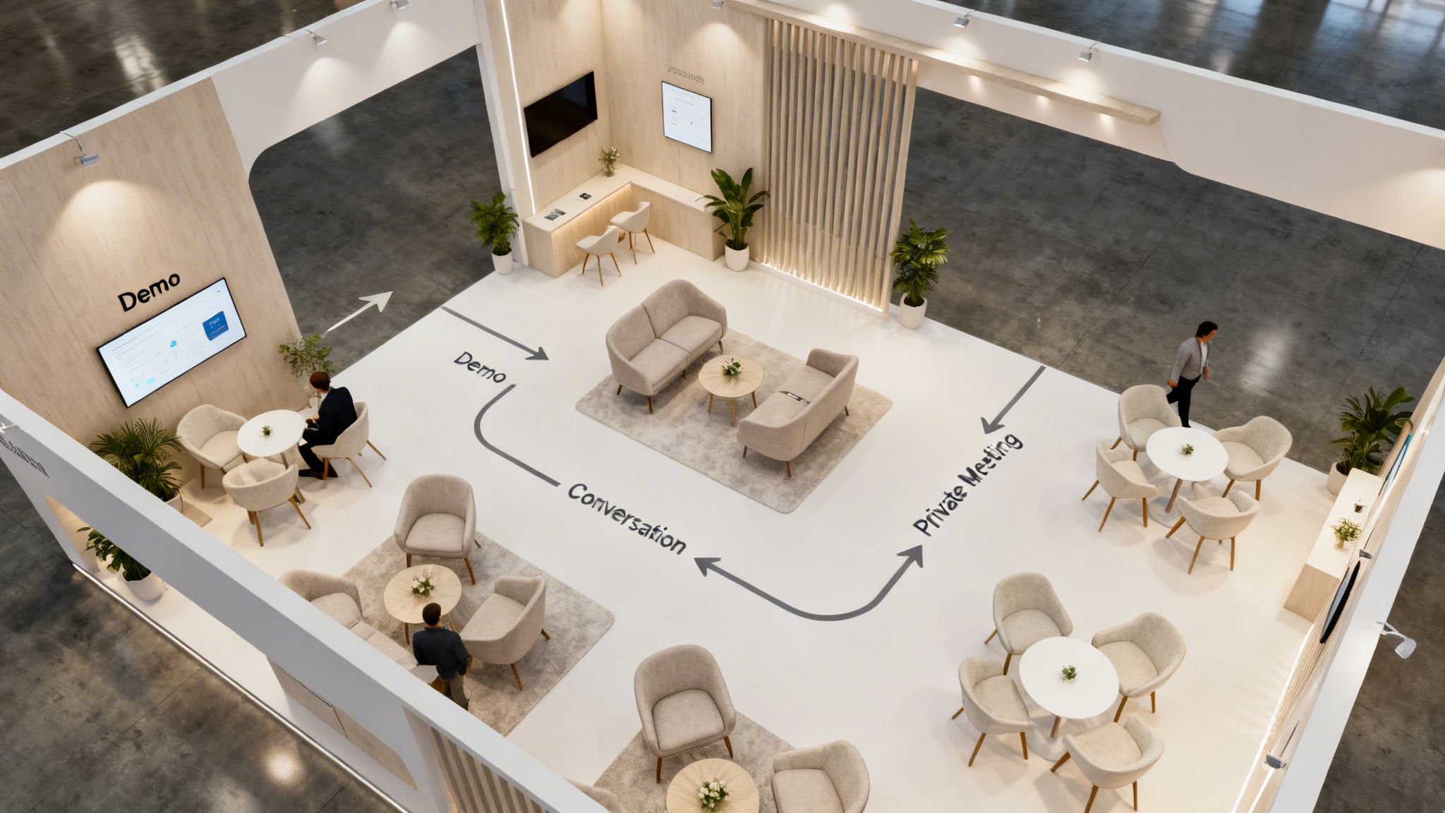 Overhead view of a modern exhibition booth showcasing its layout with distinct demo, conversation, and private meeting areas.