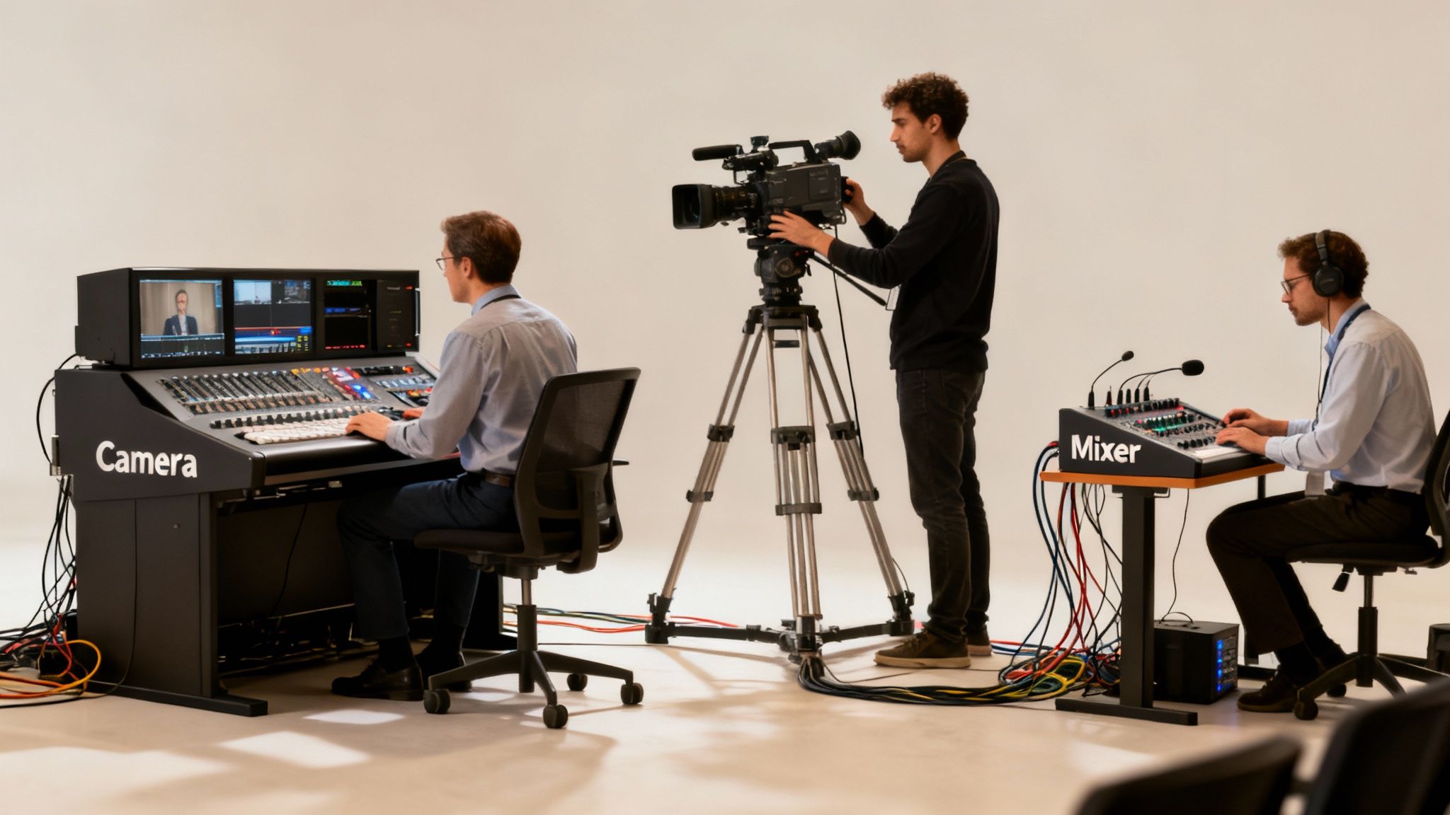 A team of three professionals operating camera, video console, and audio mixer for live streaming.