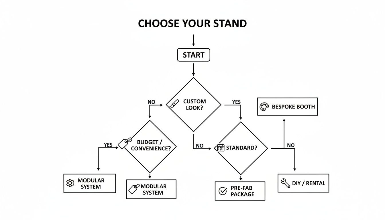 Flowchart outlining the decision process for choosing an exhibition stand based on custom look, budget, and standard requirements.