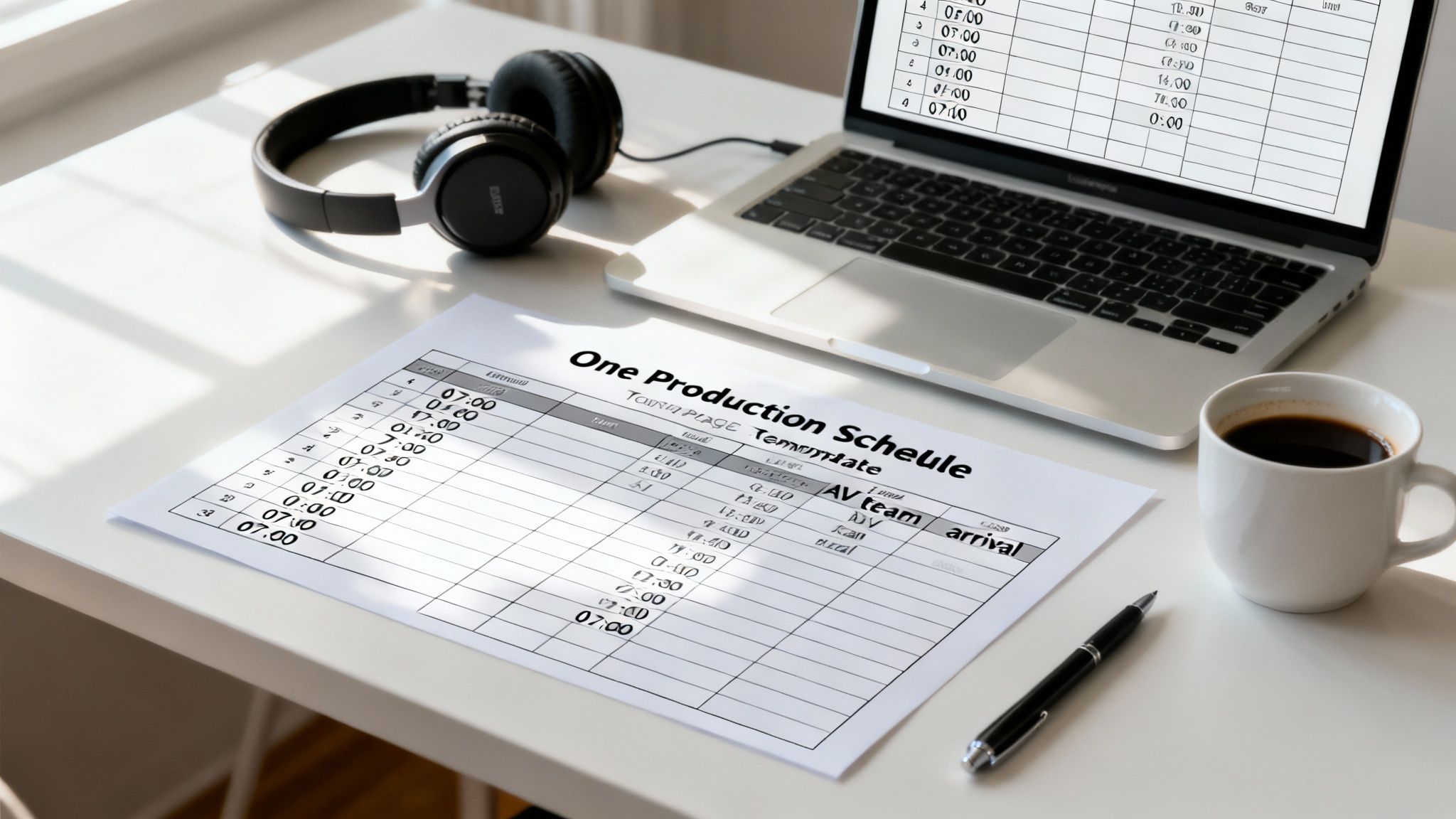 A production schedule document on a white office desk with a laptop, headphones, coffee, and pen.