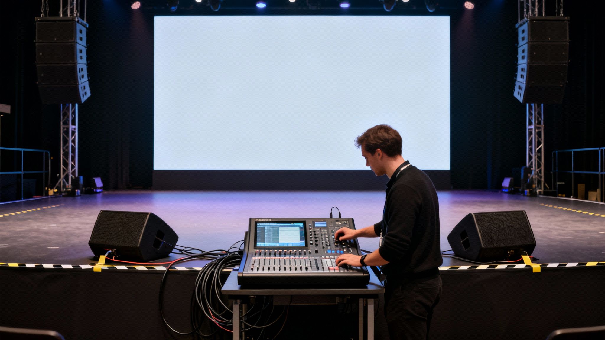 A sound engineer operates an audio mixer console in an empty event hall with a large screen.