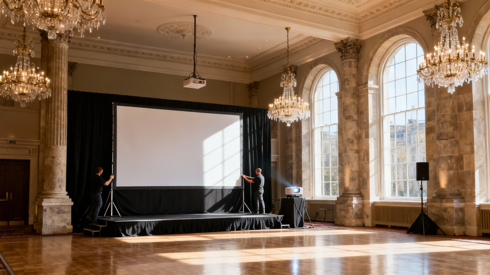 Two technicians are setting up a large projector screen on a stage in a grand hall.