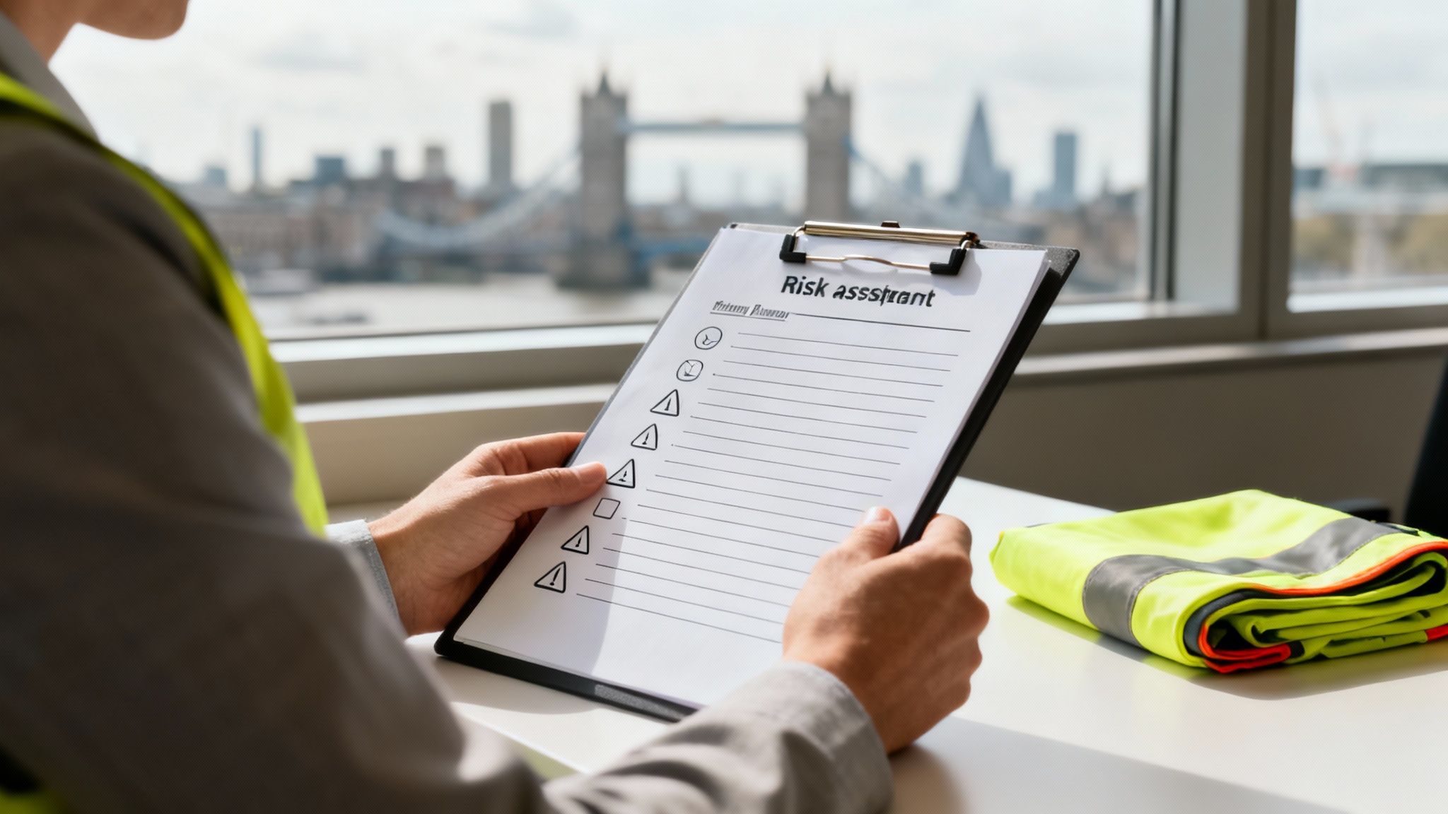 A person in a high-visibility vest holds a risk assessment checklist overlooking London's cityscape.