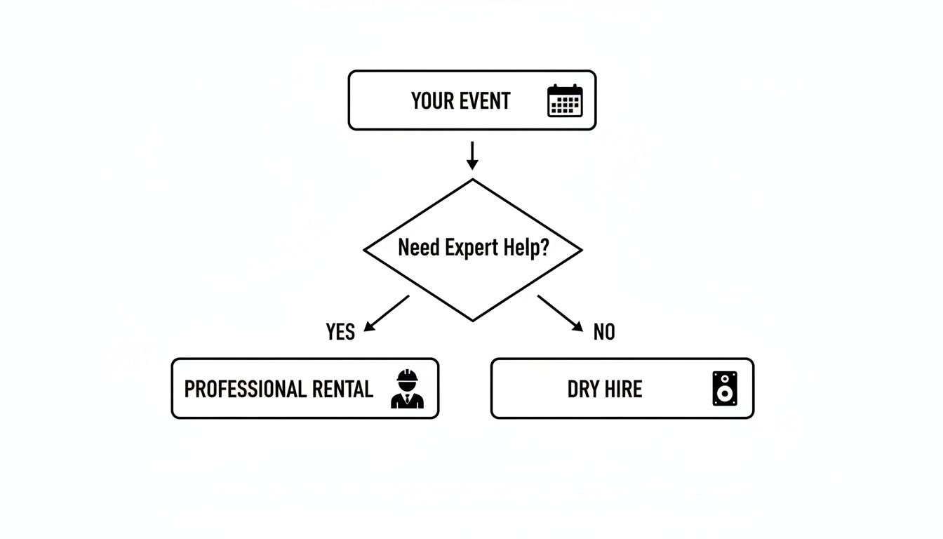 Flowchart guiding event rental options: Your Event leads to 'Need Expert Help?'. Yes goes to Professional Rental, No goes to Dry Hire.