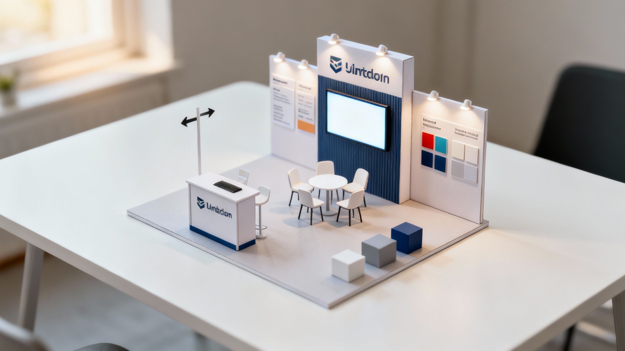 Miniature model of a modern exhibition booth featuring a reception desk, lounge, and display walls.