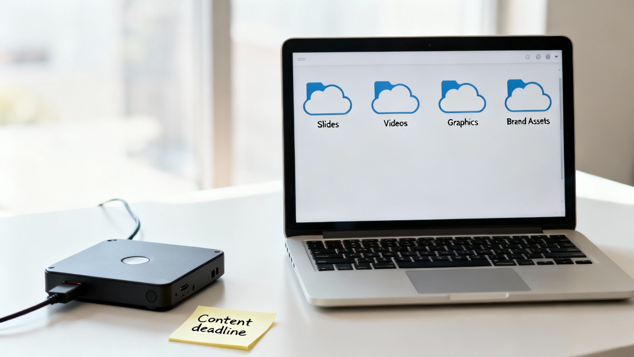 A laptop displaying cloud storage folders for slides, videos, graphics, and brand assets, with an external drive and a 'Content deadline' sticky note.