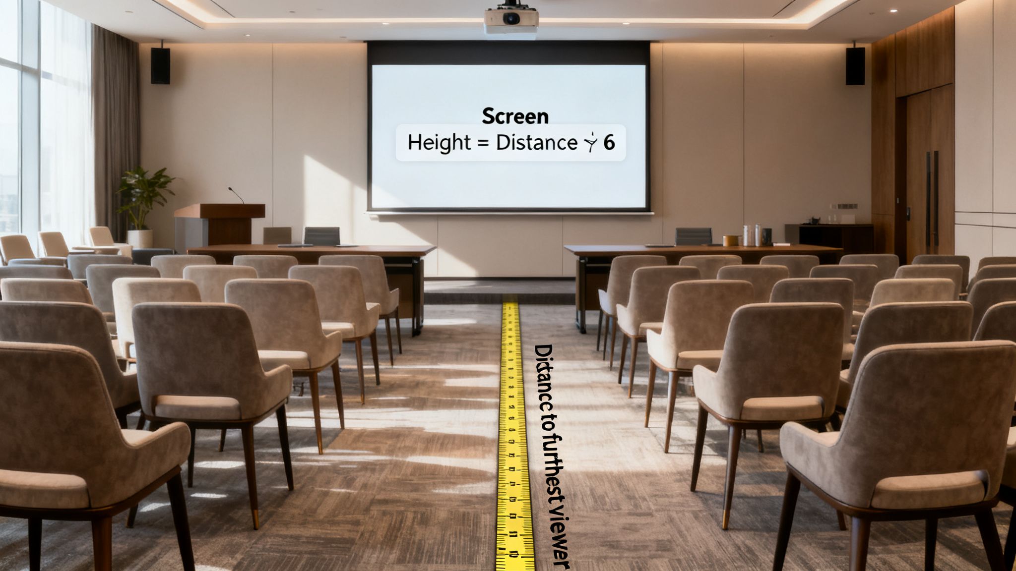 Conference room with chairs, a projector screen displaying a height formula, and a measuring tape for viewer distance.