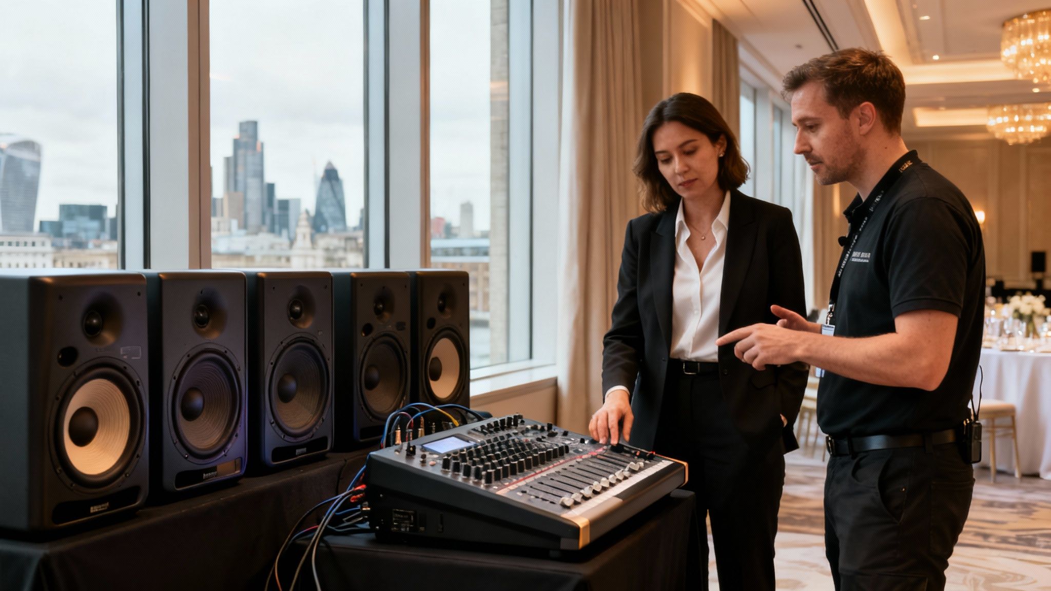 Two people discuss a professional audio mixing console and studio monitors with a city skyline view.