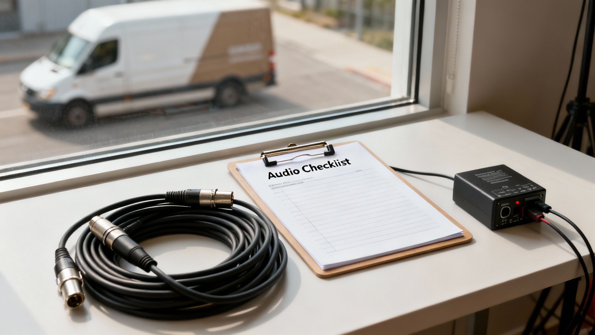 Audio checklist clipboard, coiled XLR cable, and a small black audio mixer on a white desk.
