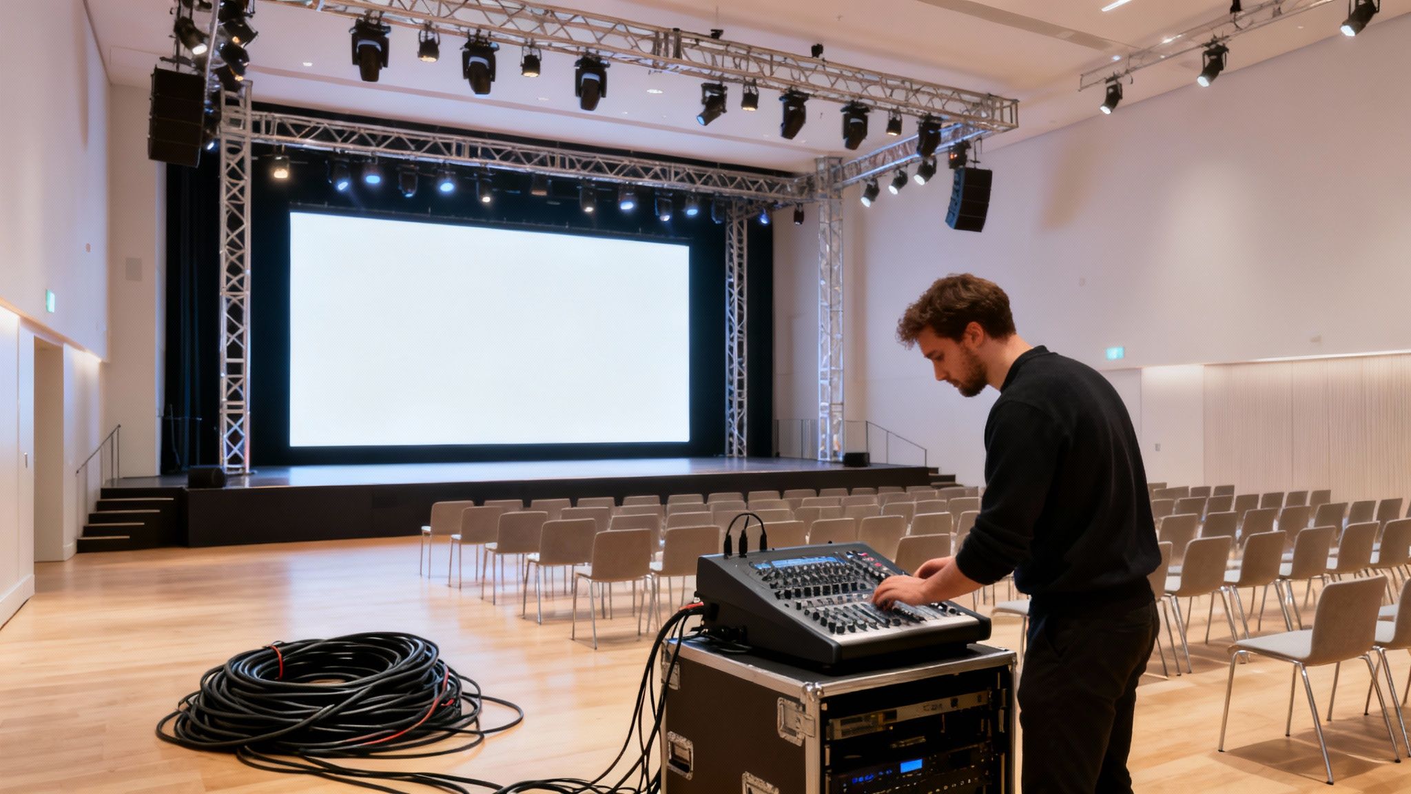 A man setting up audio equipment in an empty event hall with a stage and screen.