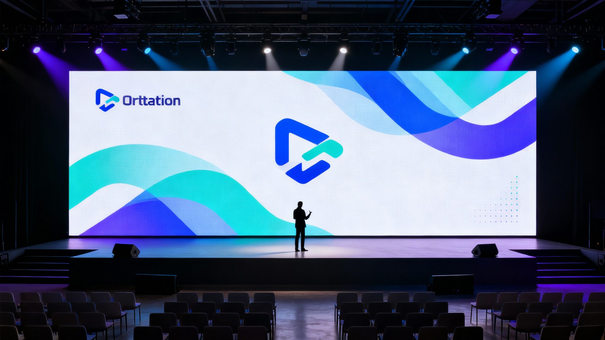 A speaker presents on a stage with a large LED screen displaying the 'Orttation' logo in an auditorium.