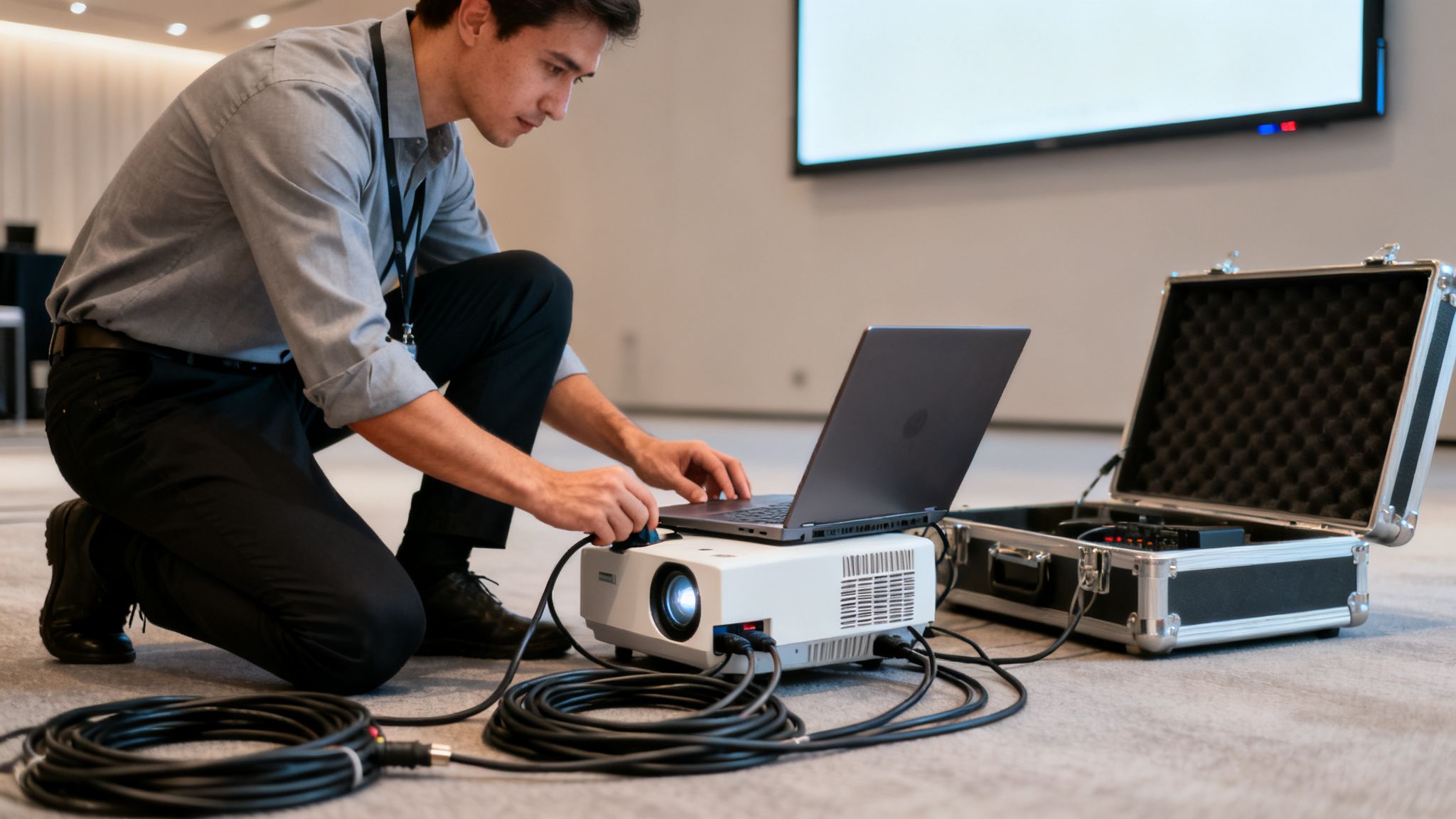 A technician sets up a projector and laptop for a presentation in a meeting room.