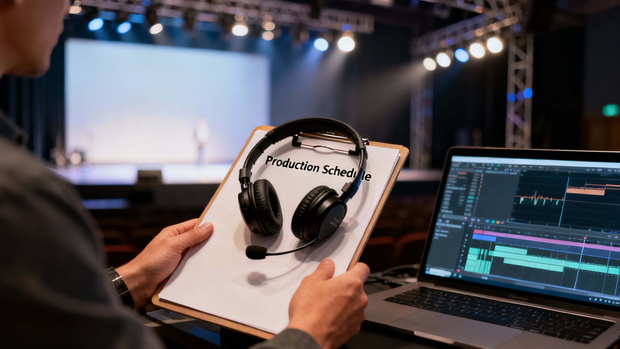 Event manager holding a production schedule and headphones, working on a laptop with an event stage in the background.
