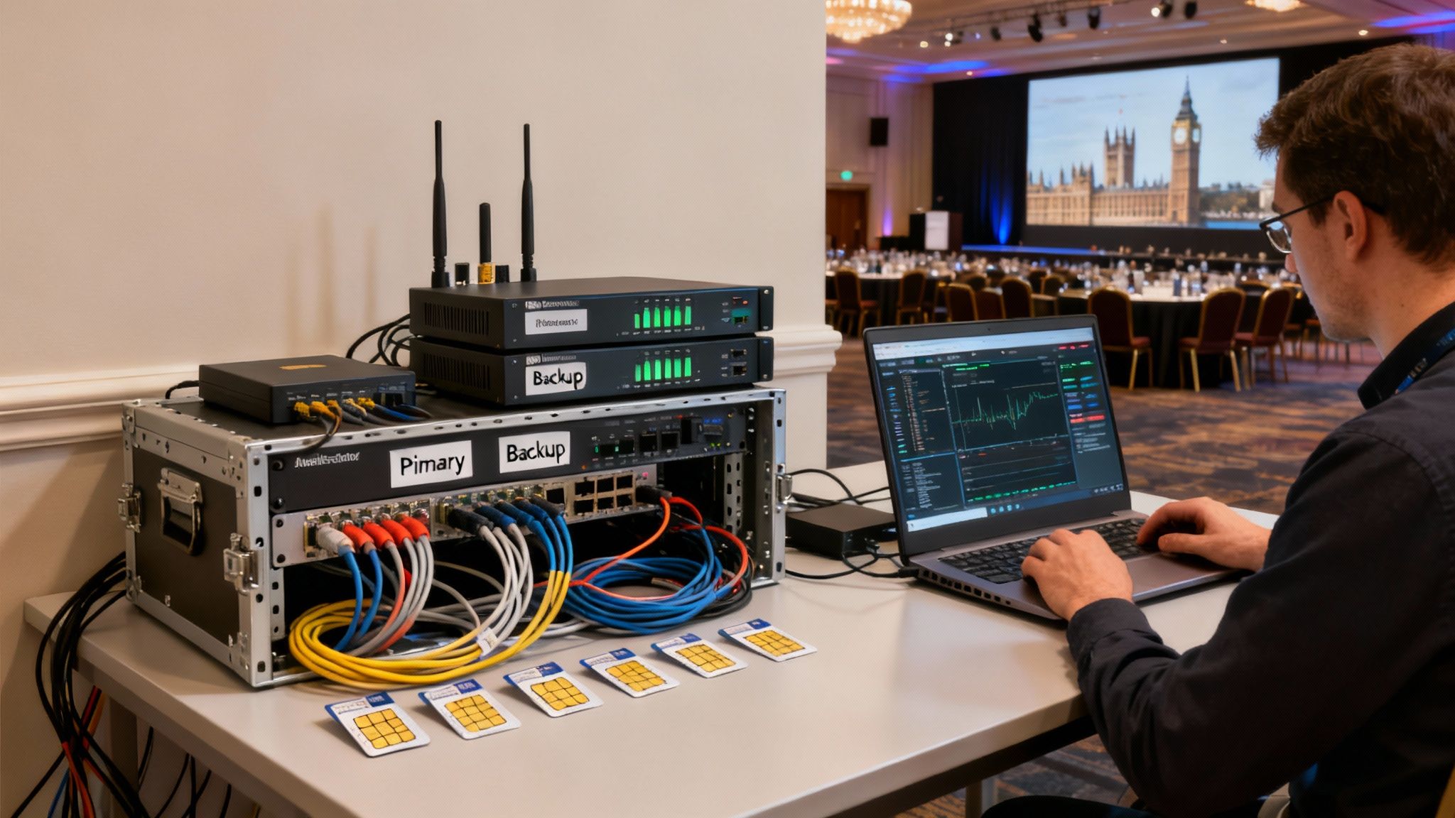 An engineer monitors a robust live streaming setup with network equipment and SIM cards in an event hall.