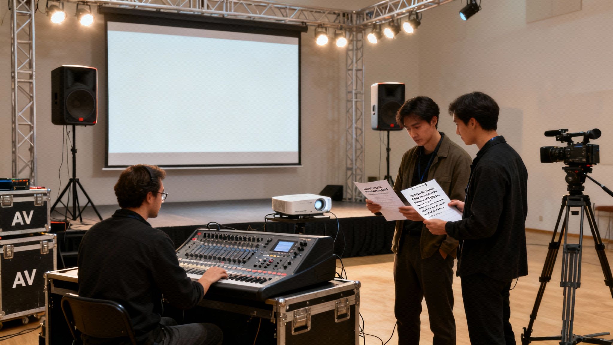 Event technicians set up audio visual equipment, including a sound mixer, projector, and video camera.