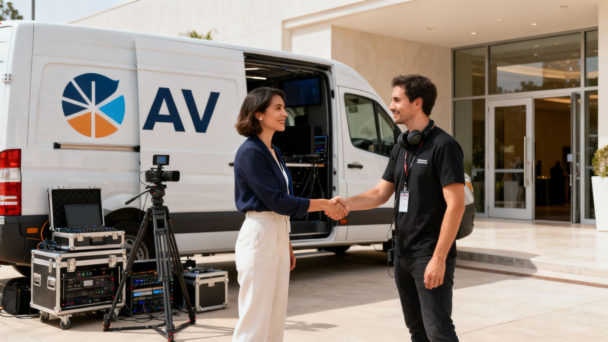 Event AV professionals shake hands next to a fully equipped live streaming production van.