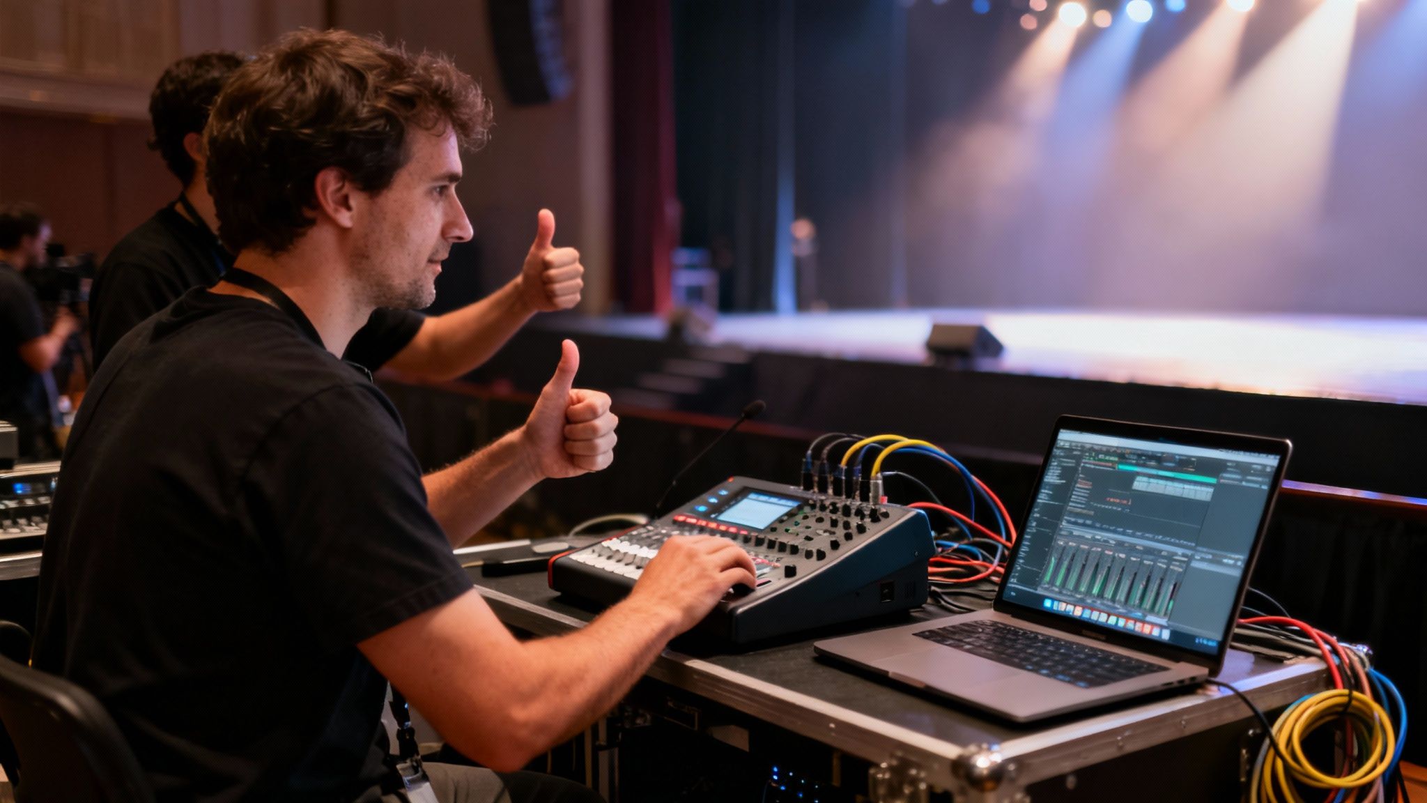 Two audio engineers operate a mixing console and laptop at a live event, giving thumbs up.