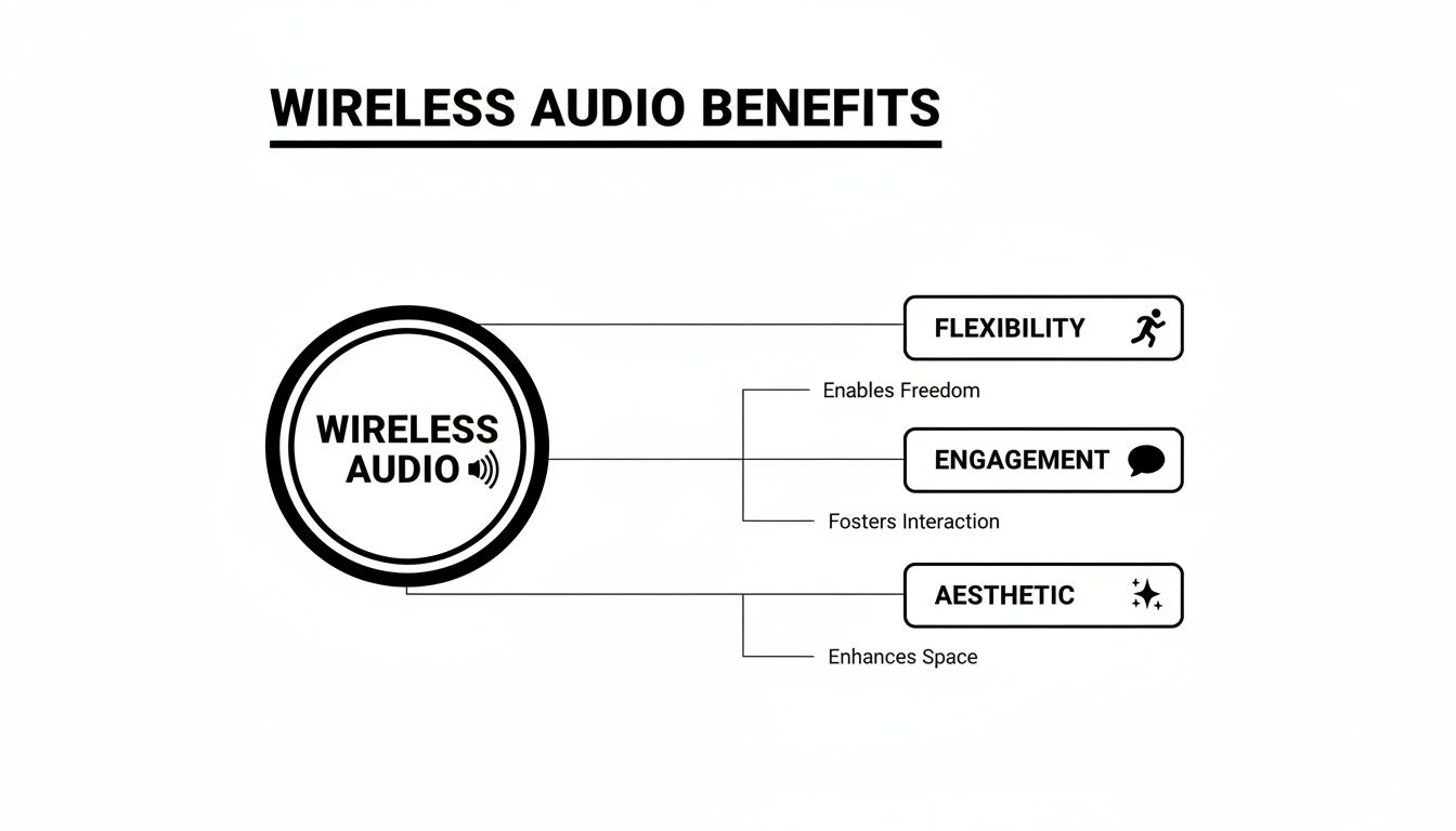 An infographic illustrating wireless audio benefits: flexibility, engagement, and aesthetic, enabling freedom, interaction, and enhanced space.