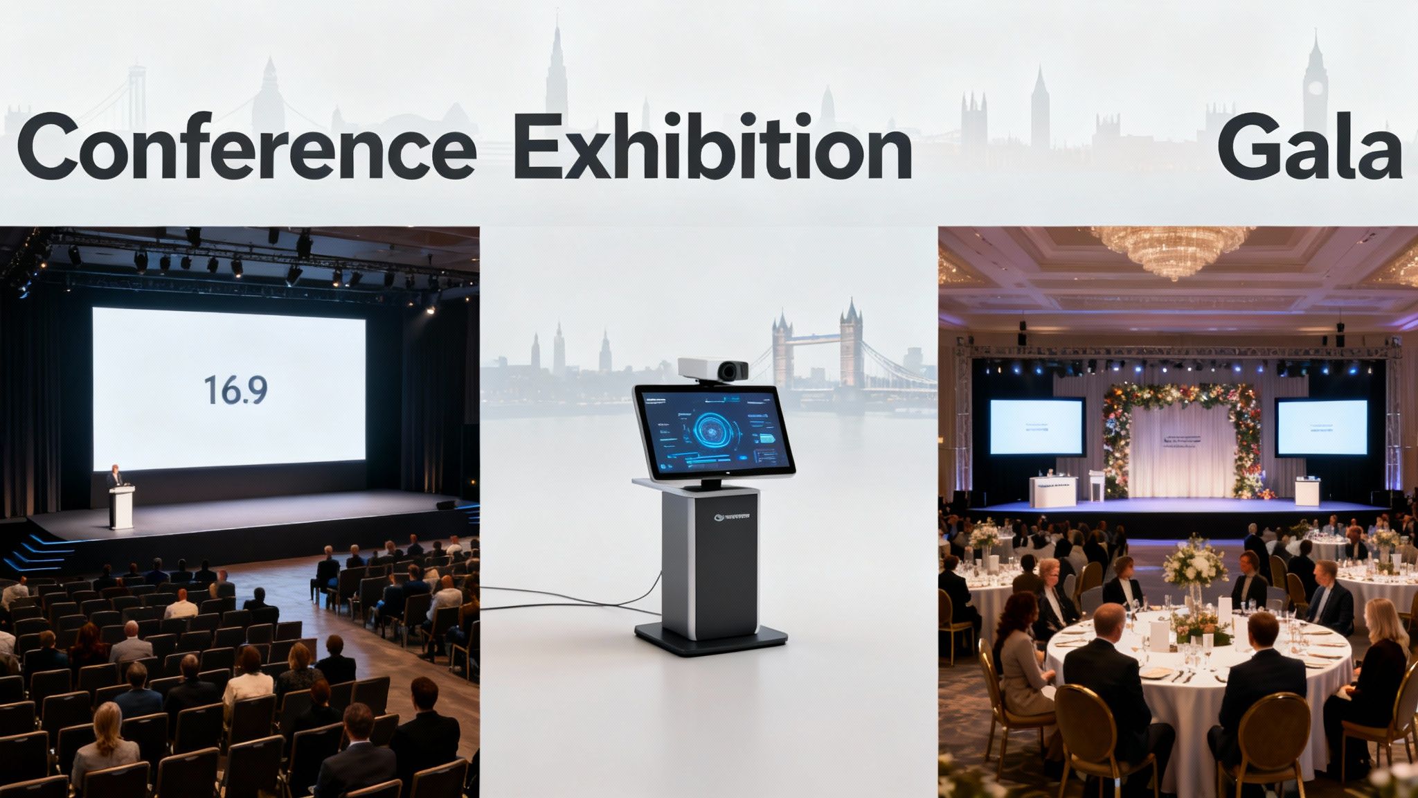 Three event settings: a conference, an exhibition, and a gala dinner, showcasing various screen uses.
