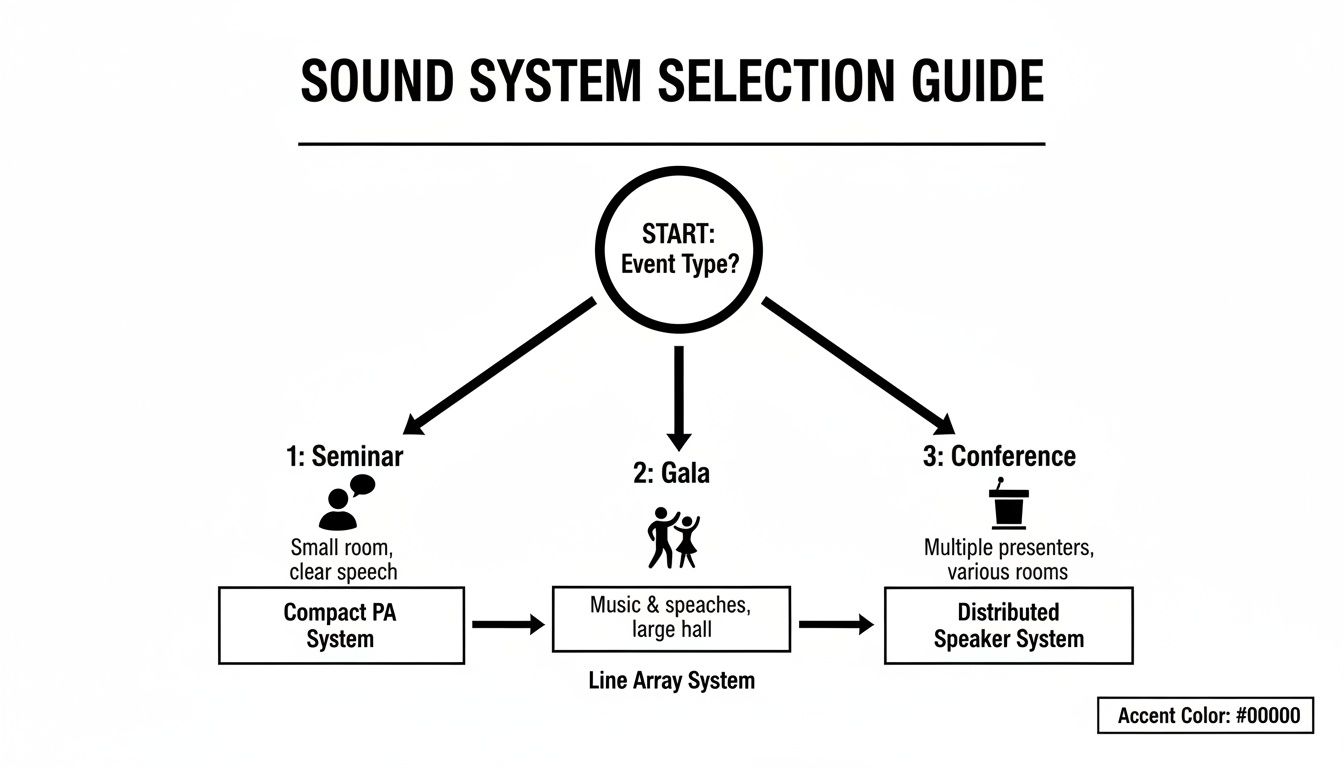 A flowchart guiding sound system selection based on event type: Seminar, Gala, or Conference, with system recommendations.