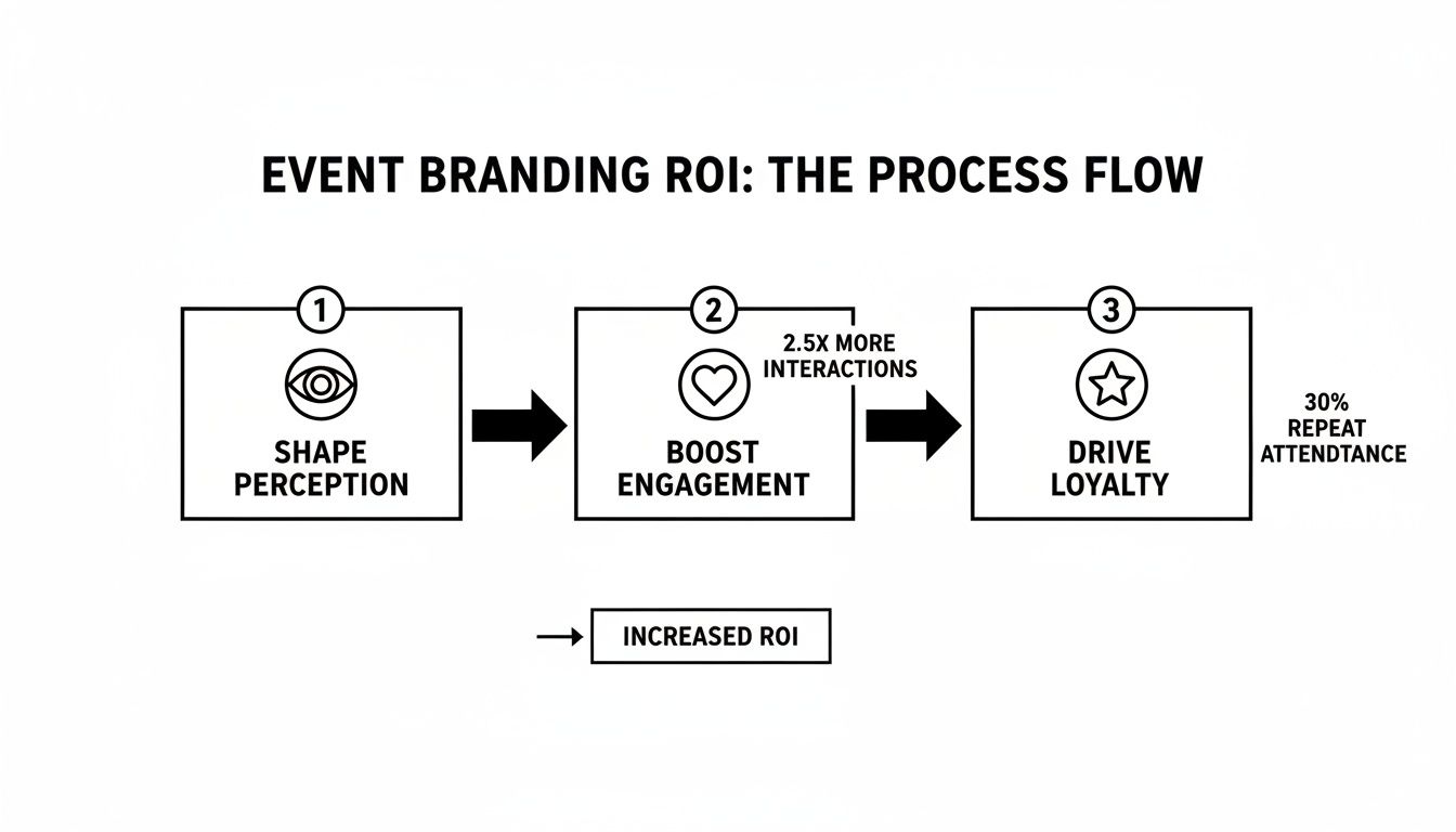 A process flow diagram illustrating how event branding leads to increased ROI through perception, engagement, and loyalty.