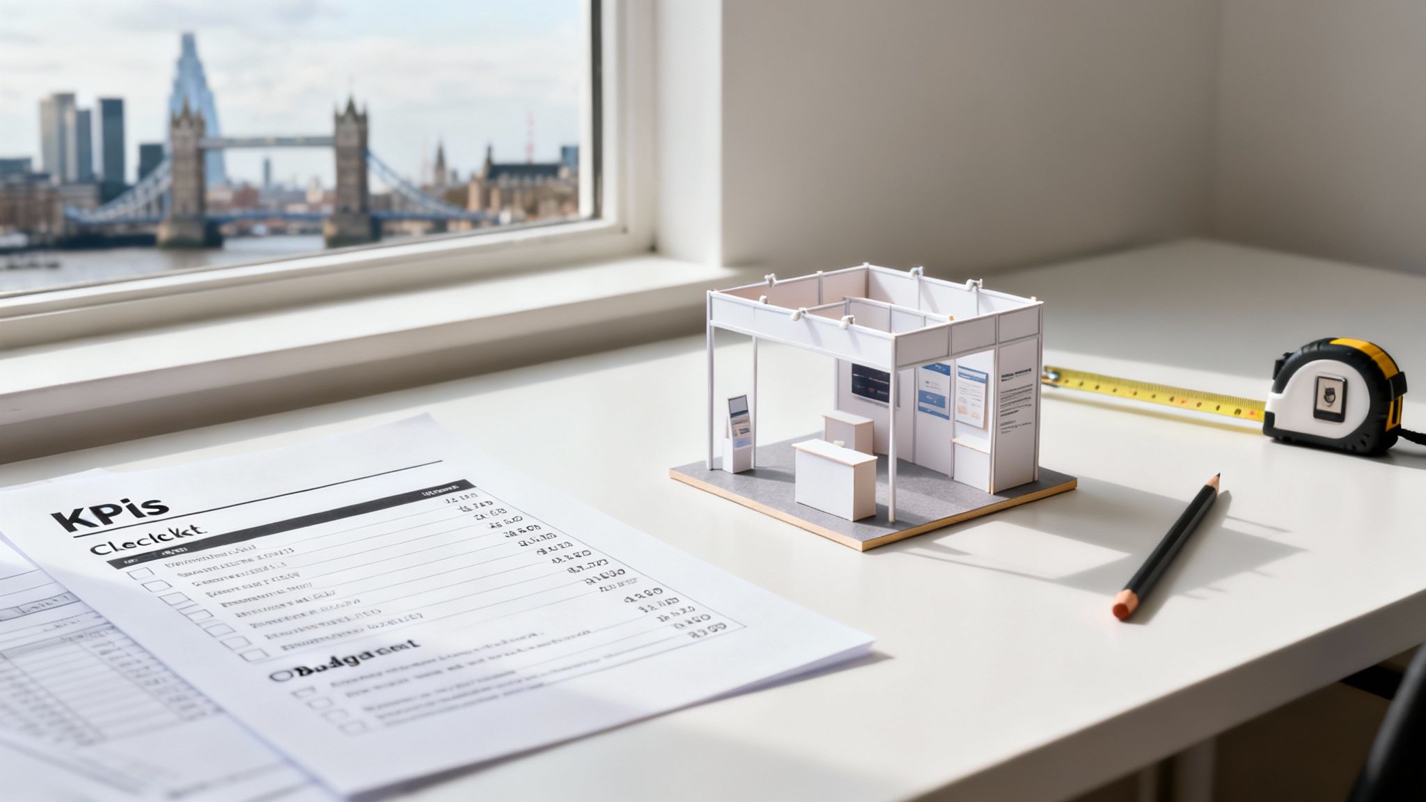 Desk with miniature exhibition stand, KPI checklist, measuring tape, and London cityscape view.