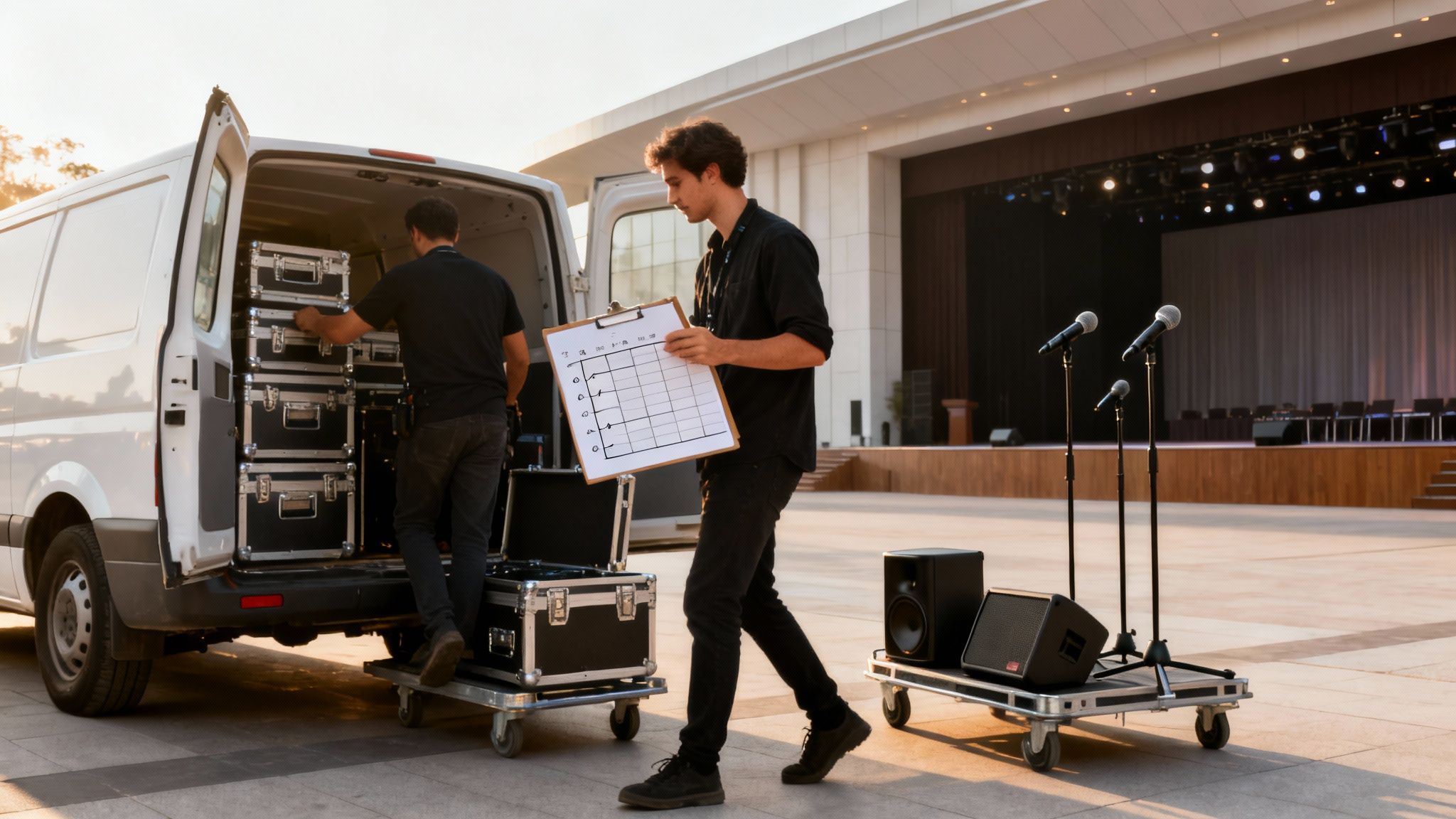 Two event technicians unload sound equipment, including speakers and microphones, from a white van near an outdoor stage.