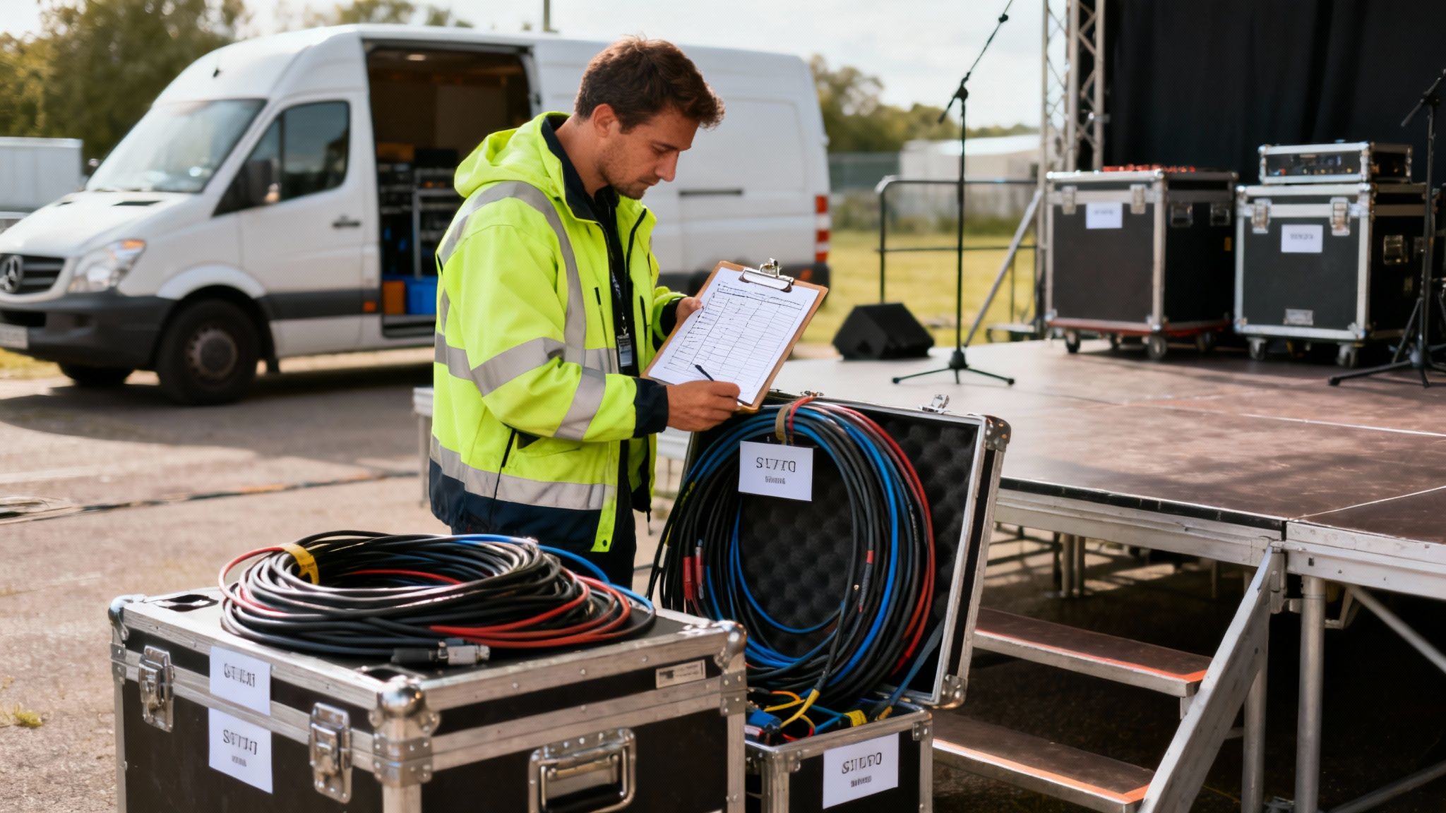 Technician in a safety jacket checks a checklist, setting up audio equipment and cables for an outdoor stage.