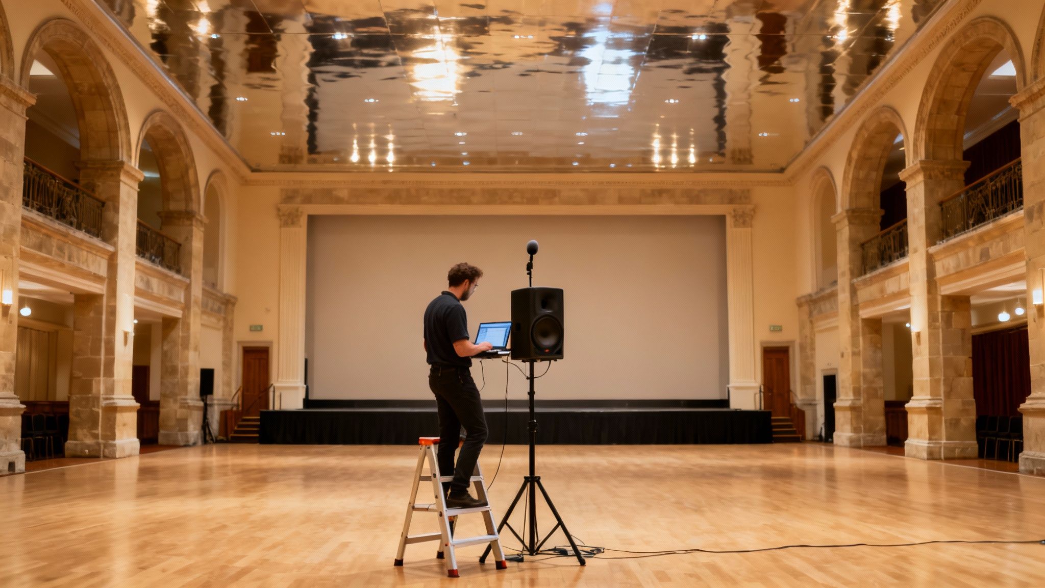 A man on a ladder adjusts a sound system with a laptop in a grand, empty hall.