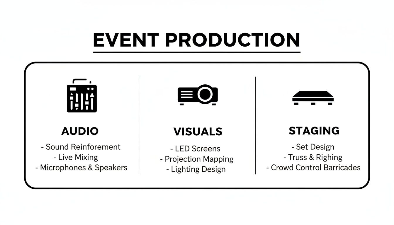 A comprehensive infographic outlining event production services for audio, visuals, and staging solutions.