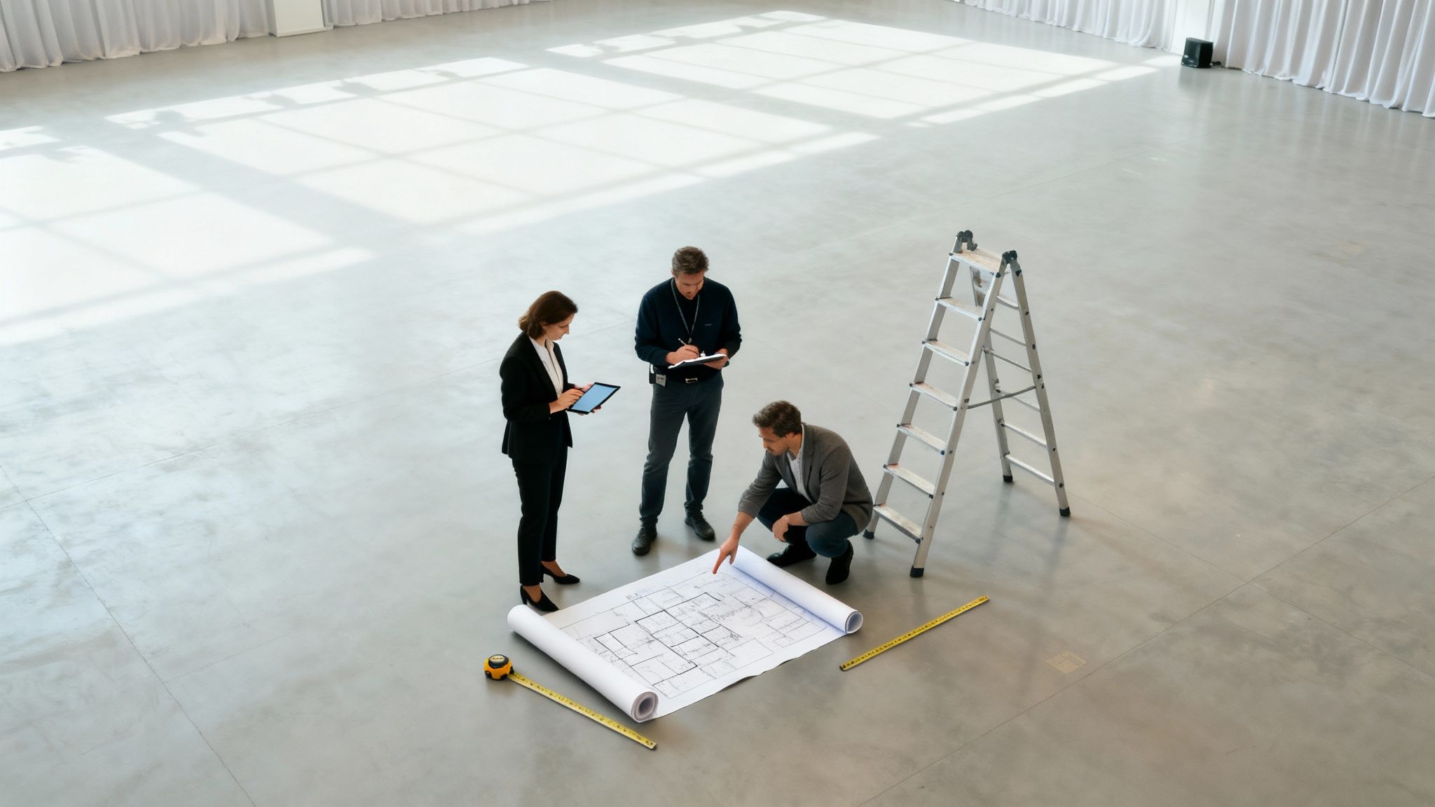 Construction professionals examine blueprints on the floor, planning a project in a vast empty space.