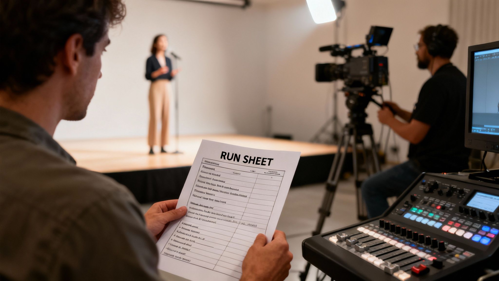 Crew member reviewing a run sheet during a live streaming event production with a speaker on stage.