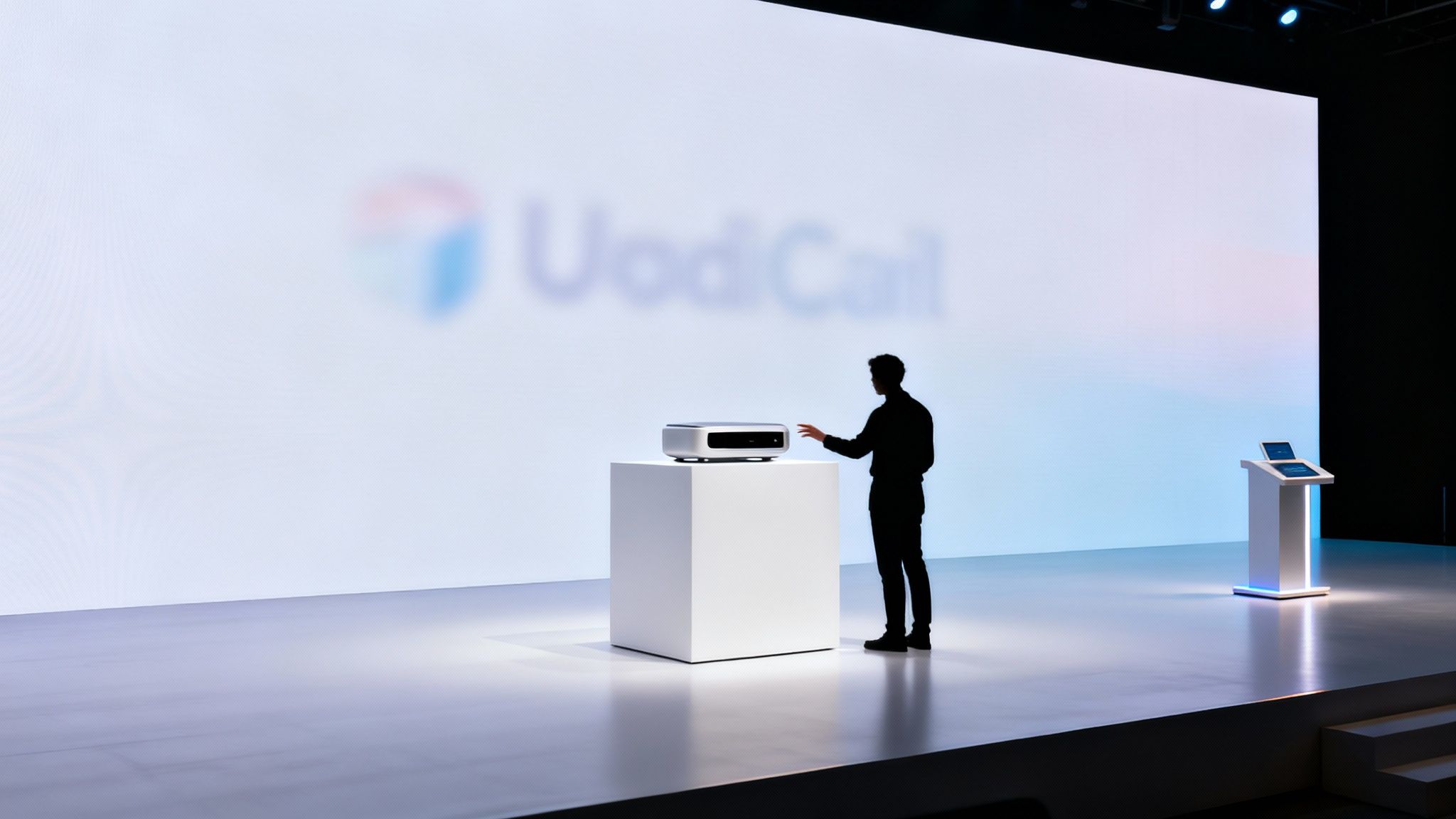 A person presents a new device on a minimalist stage with a blurred 'UodiCail' logo screen.