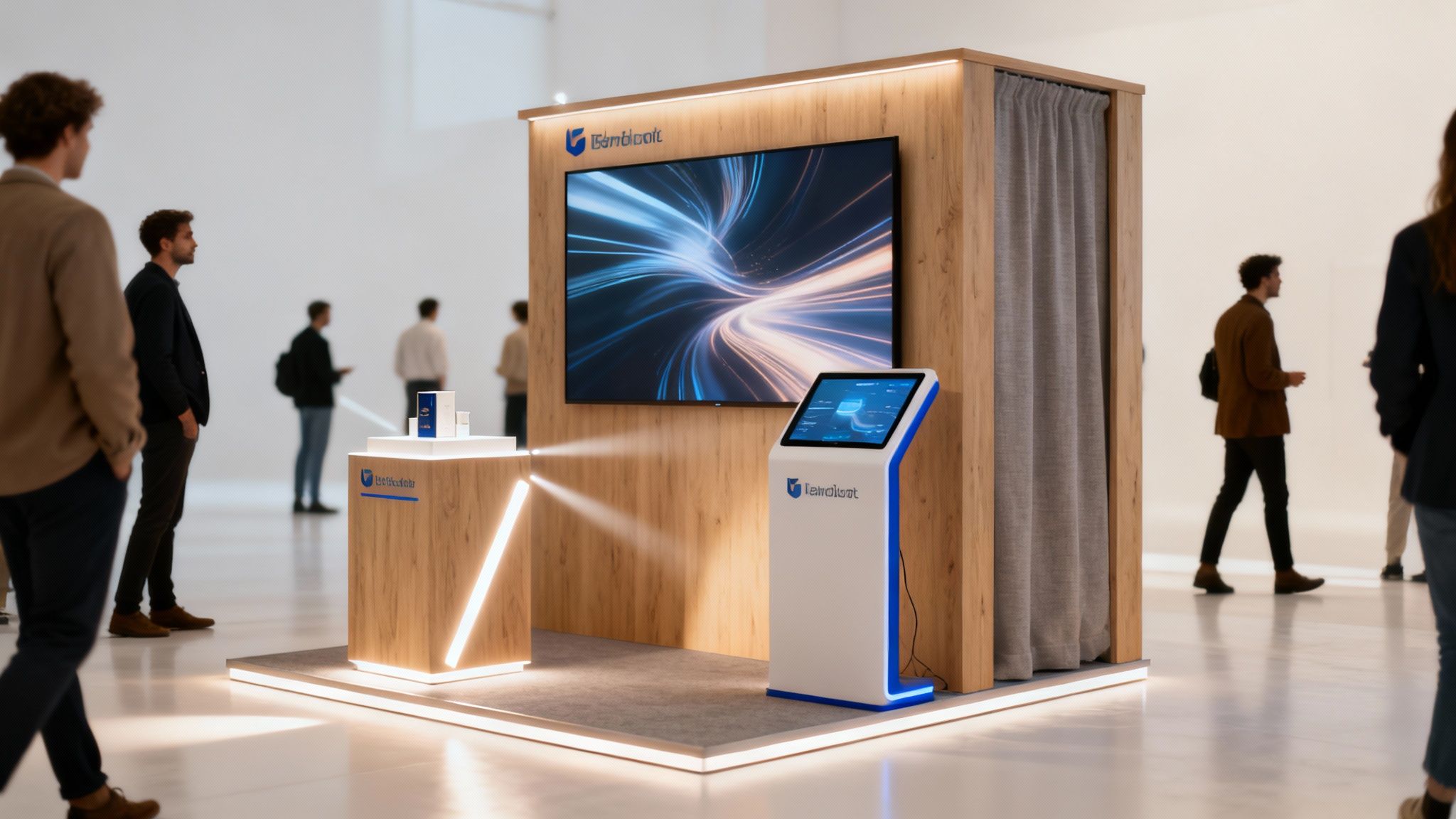 Modern wooden exhibition booth with vibrant screens, interactive display, product showcase, and attendees.