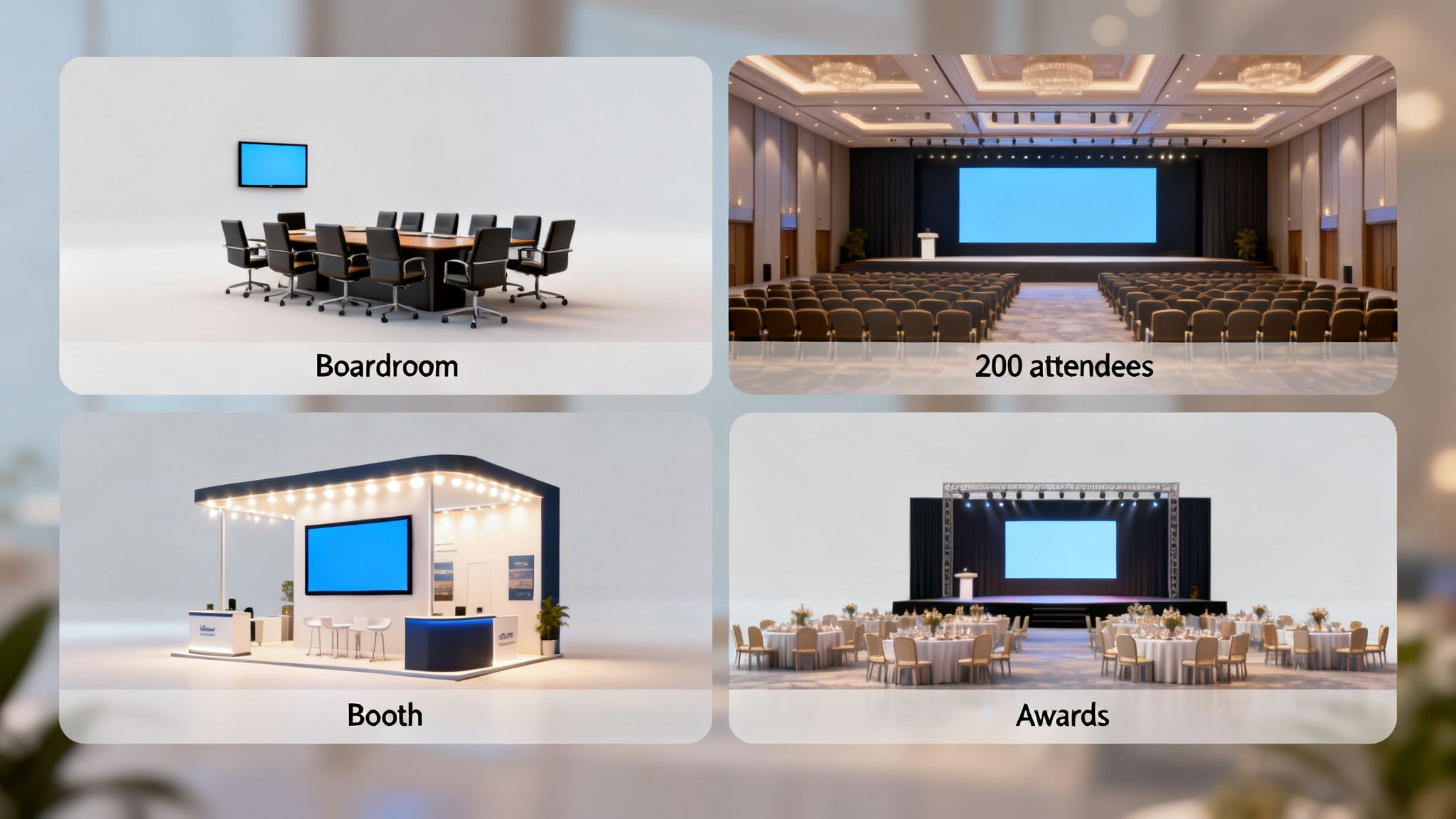 Four distinct event setups: a boardroom, large conference hall, trade show booth, and awards dinner.