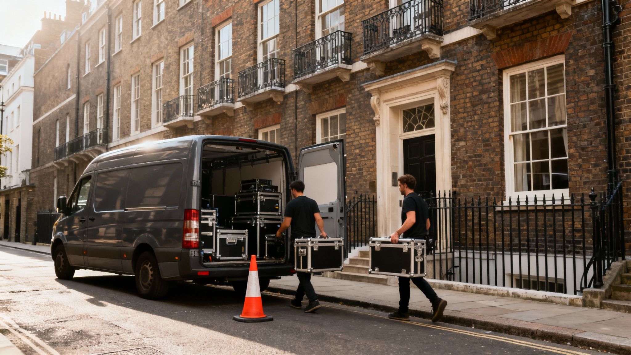 Two men unload event equipment from a grey van onto a London street.