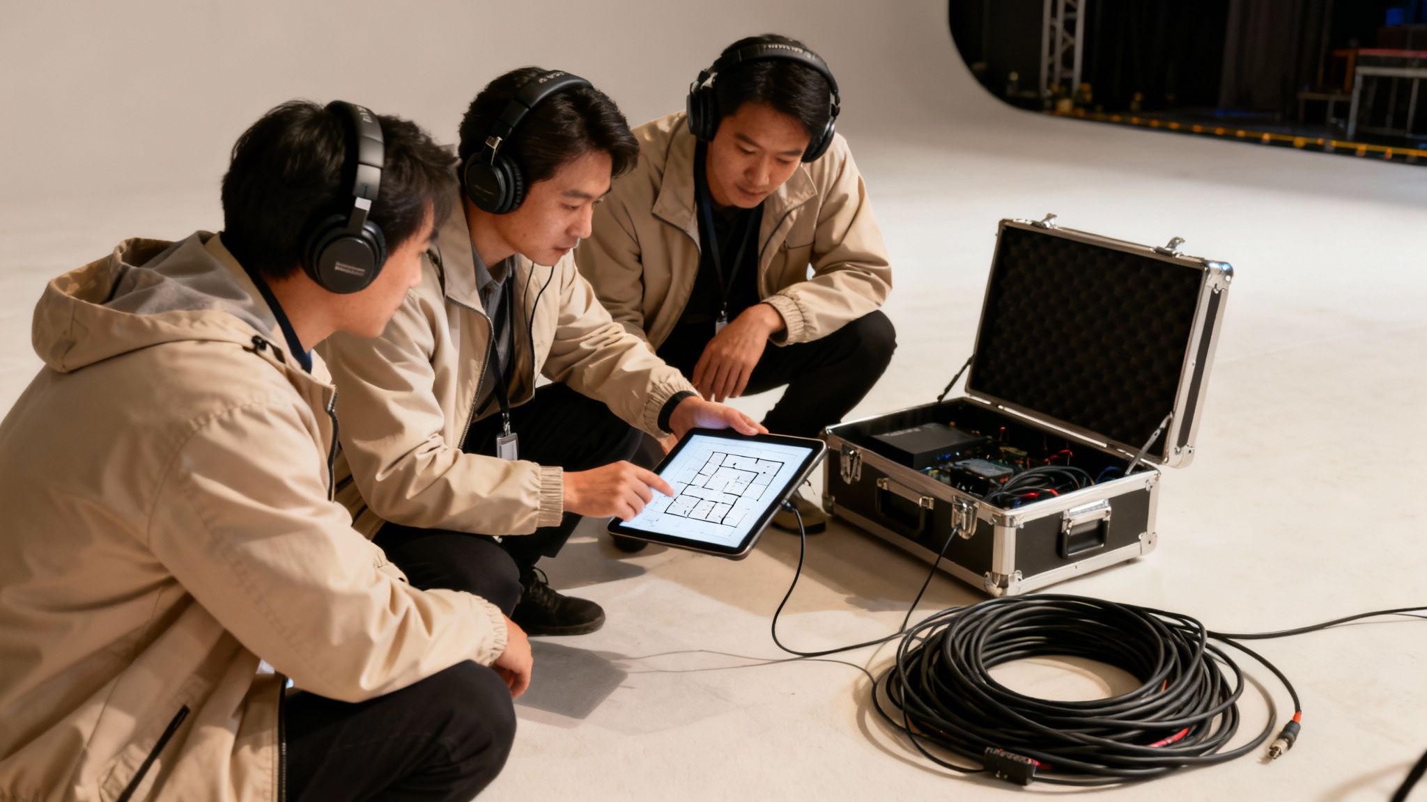 Three men in headphones reviewing a floor plan on a tablet, next to professional event equipment.