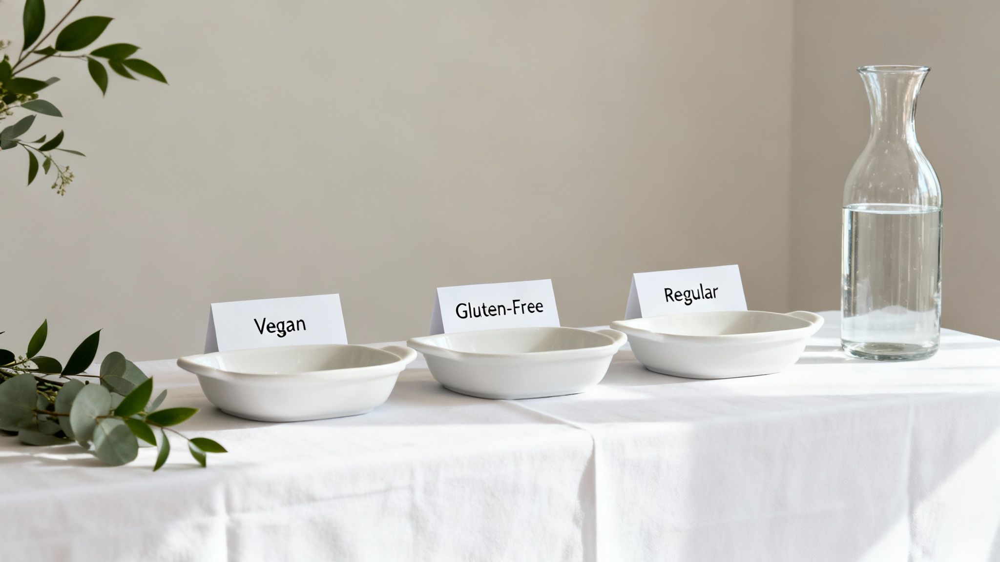Three empty dishes labeled 'Vegan,' 'Gluten-Free,' and 'Regular' on a table with water.