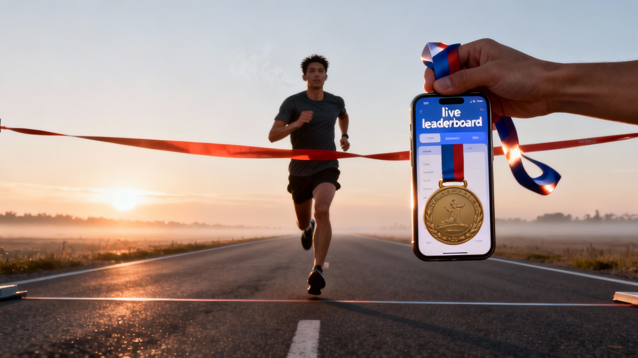 A runner crosses the finish line at sunrise, while a smartphone displays a live leaderboard and a medal.